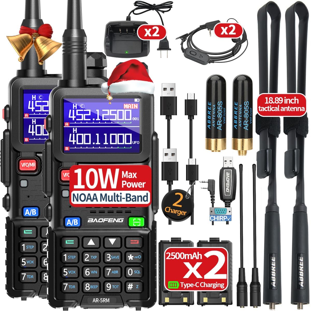 Ham Radio Baofeng Radio AR-5RM 10W Long Range Handheld Rechargeable Tactical NOAA Weather Two Way Radio Walkie Talkie for Adults with Programming Cable,USB-C Charging for Survival Gear Hunting,2 Pack