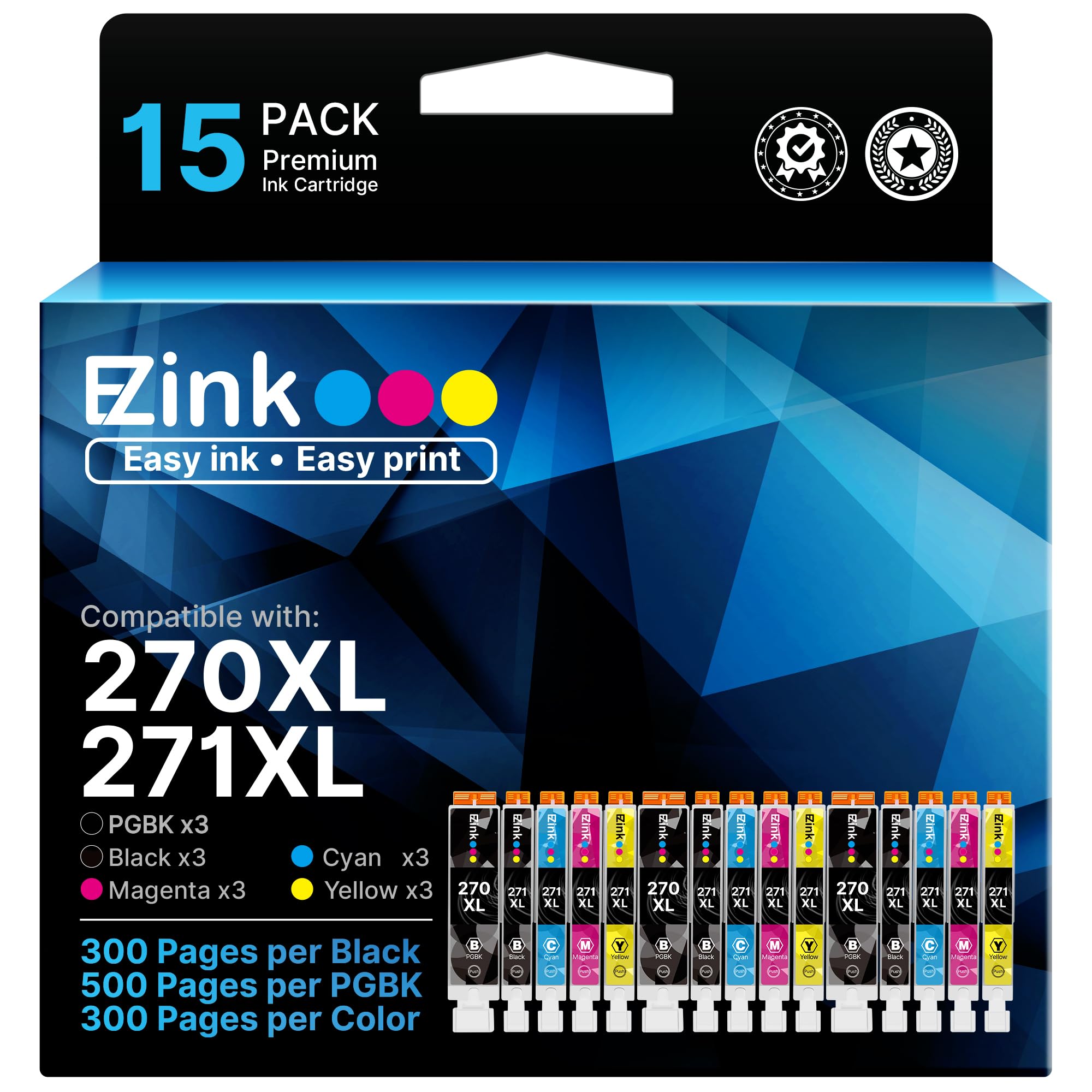 E-Z Ink PGI-270XL CLI-271XL Printer Ink Compatible for Canon 270 271 XL Ink Cartridges to use with Pixma MG5720 MG5721 MG5722 MG6820 MG6821 MG6822 TS5020 TS6020 MG7720 TS8020 TS9020, (5 Color-15 Pack)