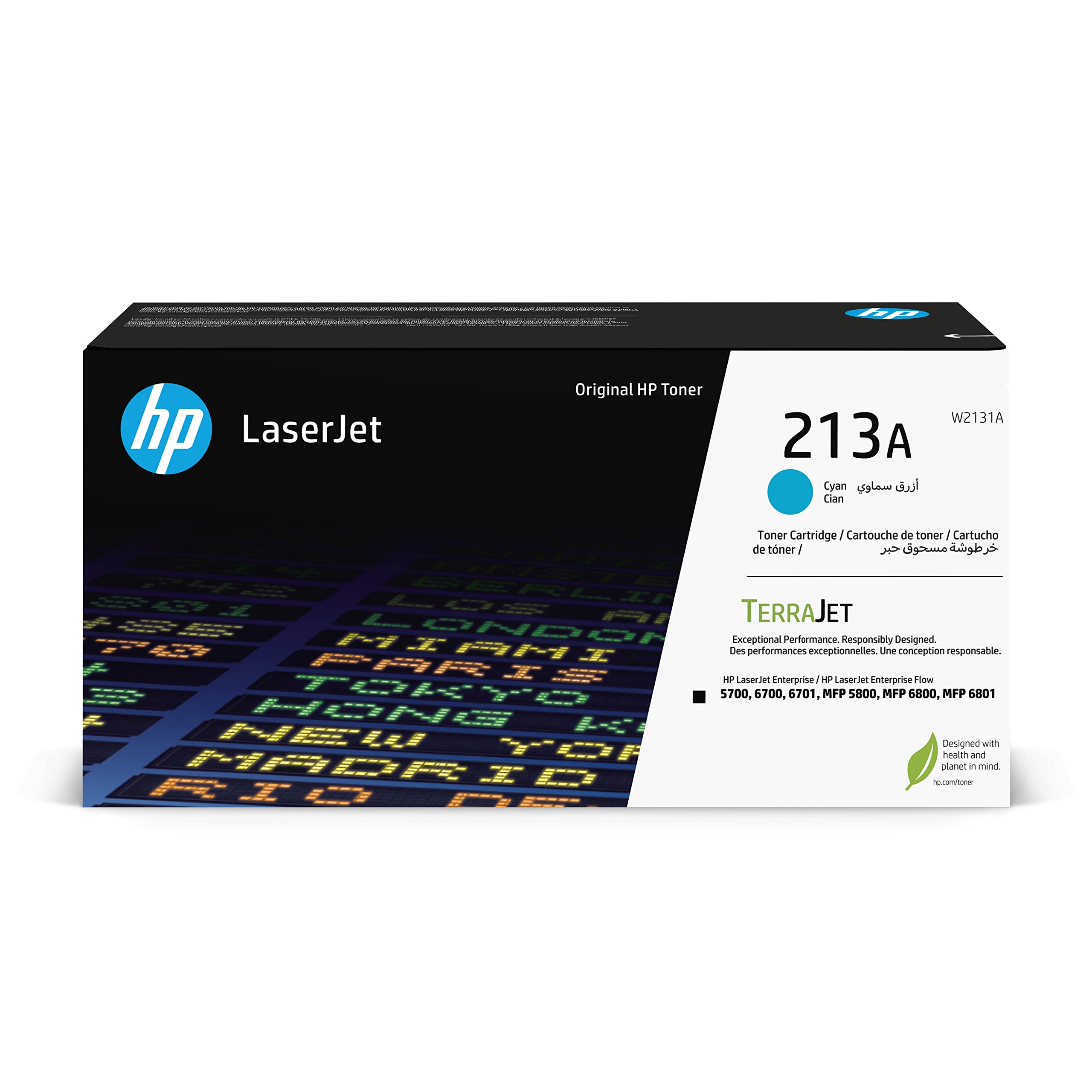 HP 213A Cyan Original LaserJet Toner Cartridge, W2131A. Works with HP LaserJet Enterprise 5700, 5800, 6700, 6701, 6800, 6801