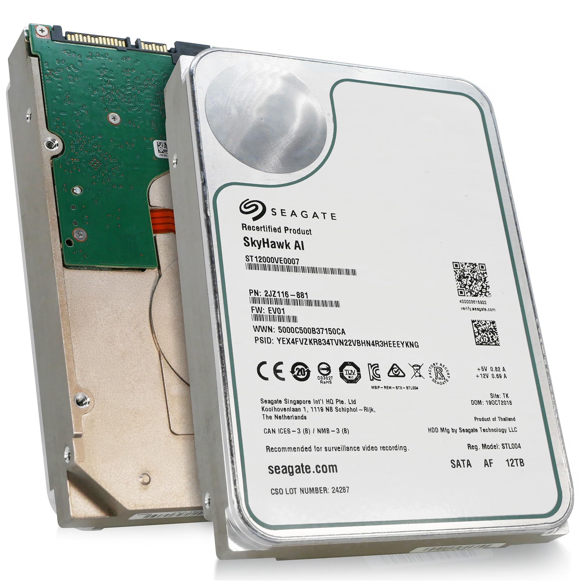 Seagate Skyhawk AI 12tb HDD 3.5 Inch SATA 6Gb/s 7200PRM 256MB Cache for NAS Internal Hard Drive for DVR NVR Security Camera System AI Application Optimization (Renewed)