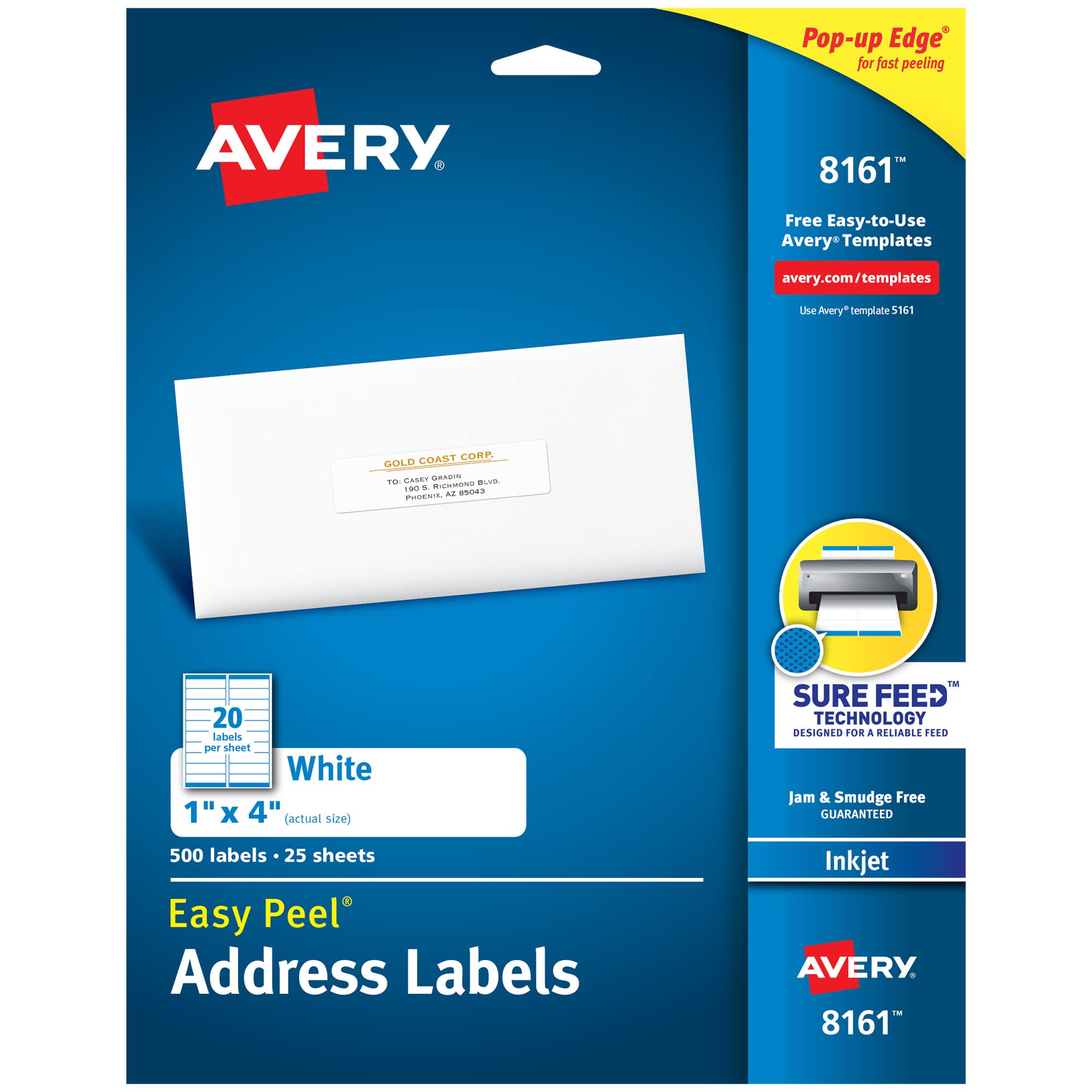 Avery Easy Peel Printable Address Labels with Sure Feed, 1" x 4", White, 500 Blank Mailing Labels (08161)