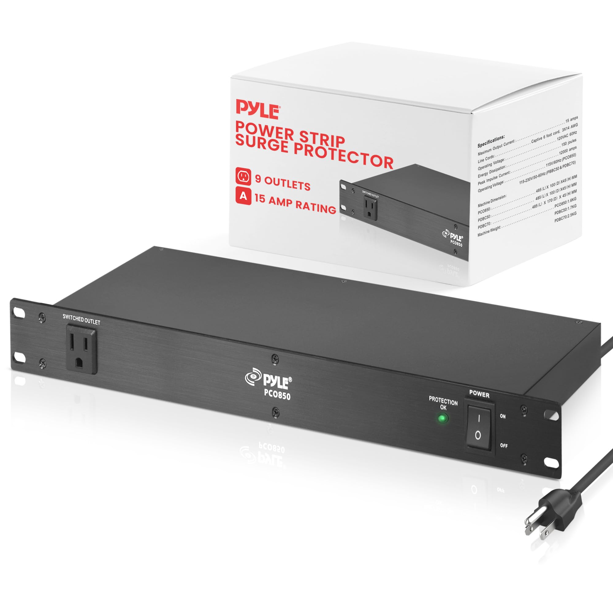 Pyle 150J Surge Protector Power Strip - 9 Outlet - 15 Amp - 1U Rack Mount with AC Filter - Heavy Duty Extension Cord - Overload Protection for Home/Office/Server Use - PCO850