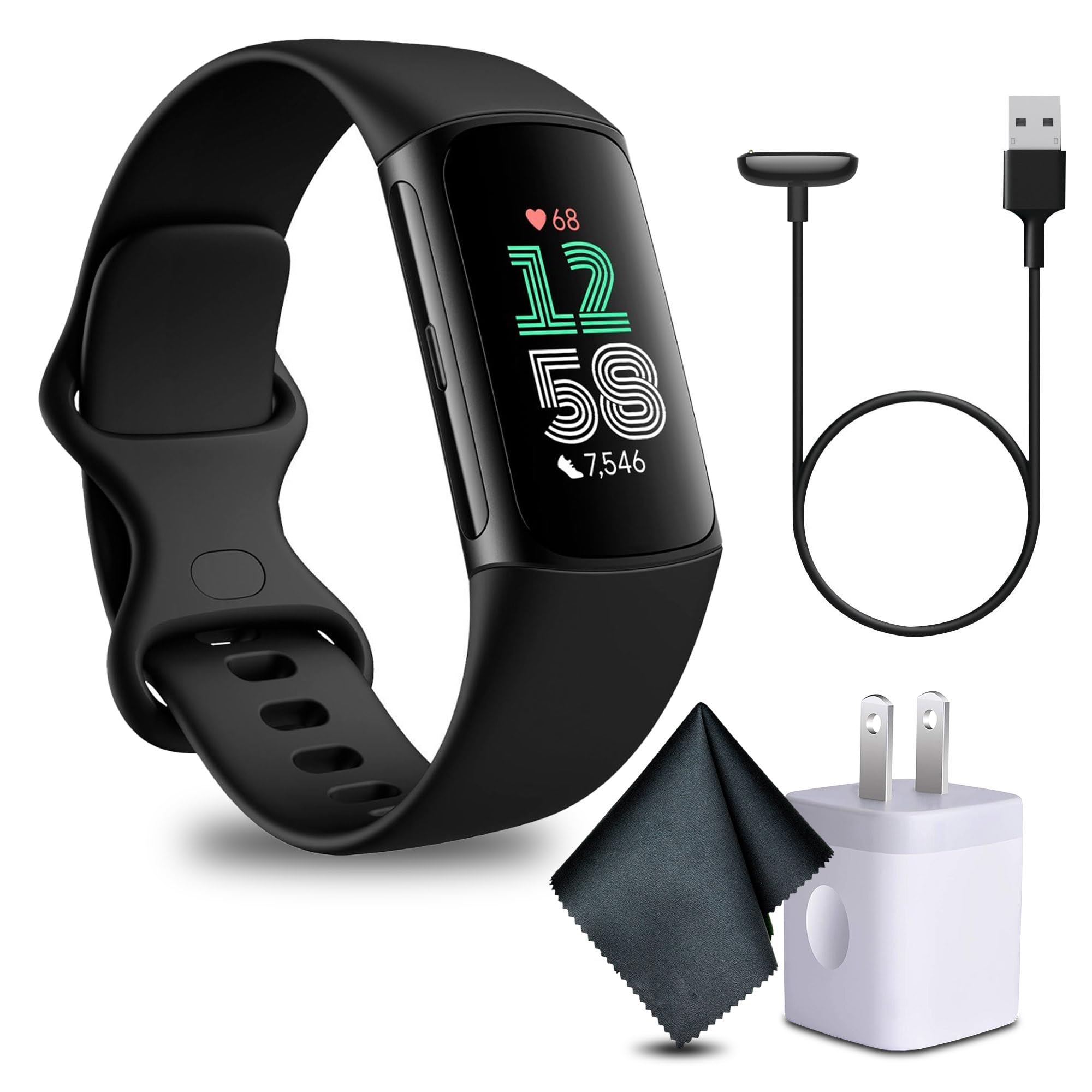 Fitbit Charge 6 Fitness Tracker Smartwatch with Heart Rate, GPS, Health Tools and More Obsidian/Black Bundle with Cleaning Cloth and Charger