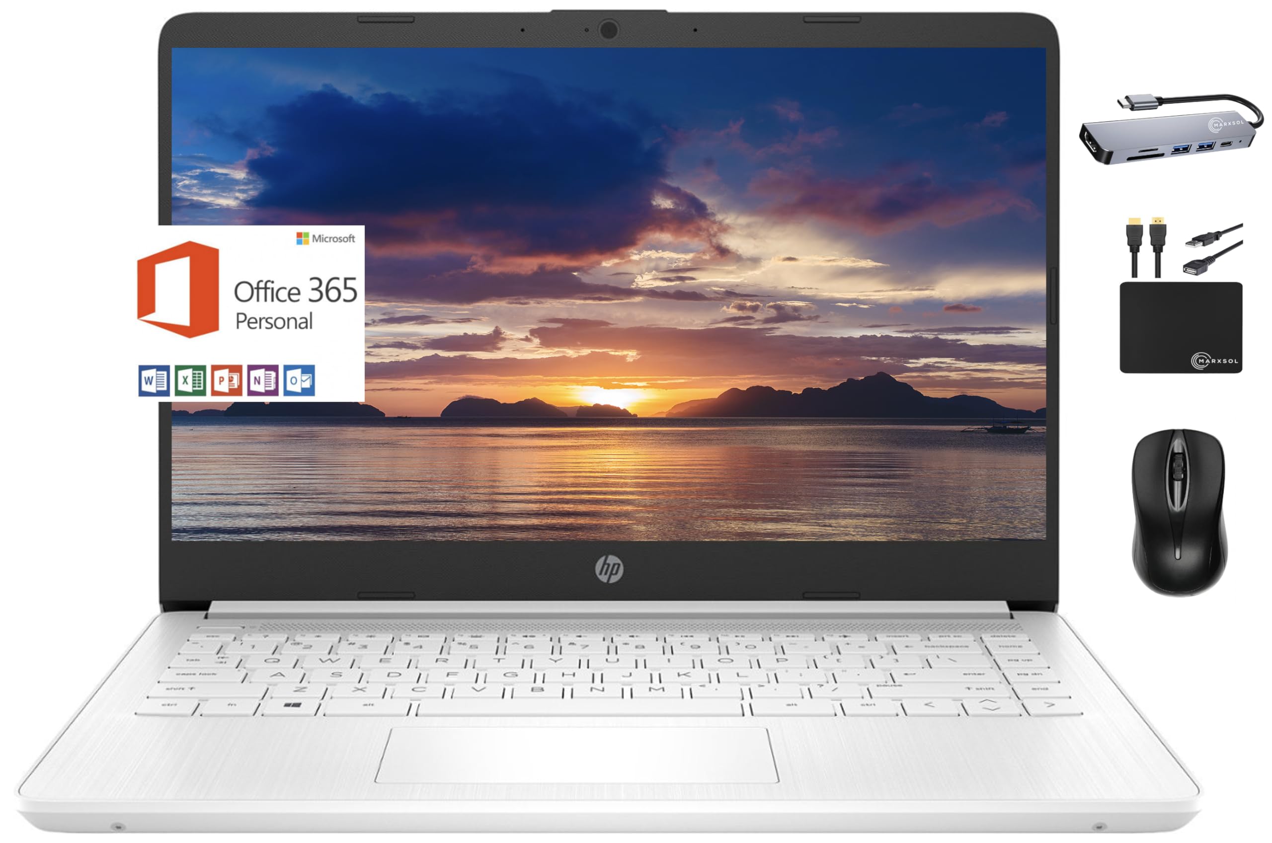 HP 2024 Premium 14" Micro-Edge Portable Laptop Student Business, Intel Quad-Core N4120, 4GB RAM, 128GB (64GB eMMC+ 64GB Card), Webcam, WiFi, Windows 11S + 1 Year Office 365, MarxsolAccessory White