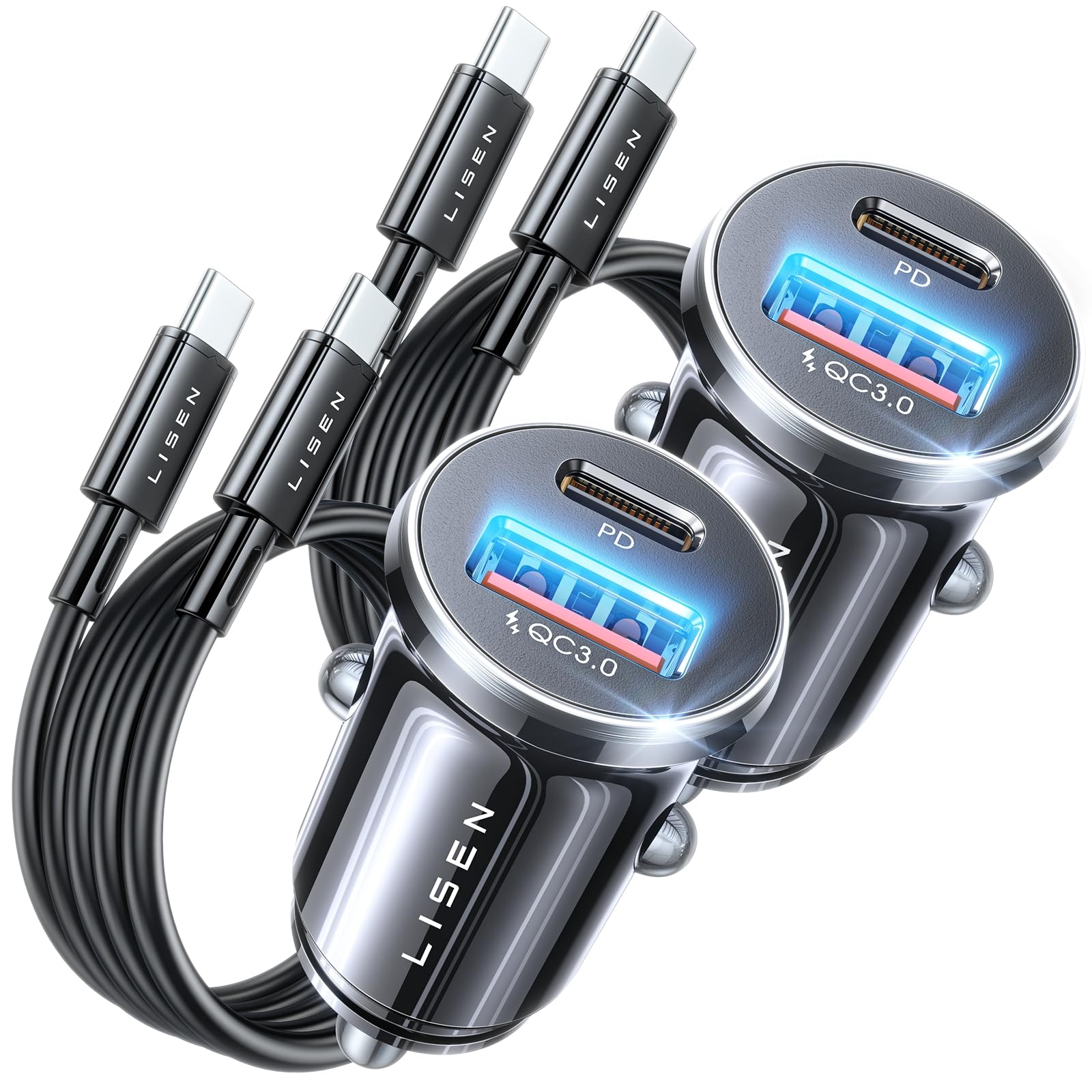 LISEN Super Fast iPhone 16 Car Charger USB C [Alloy] 2 Pack 54W iPhone 15 Type C Car Charger Fast Charging Cigarette Lighter Adapter for 17 iPhone 16e Pro Max Plus/15,Samsung Galaxy Z Fold 7 S25 Ultra