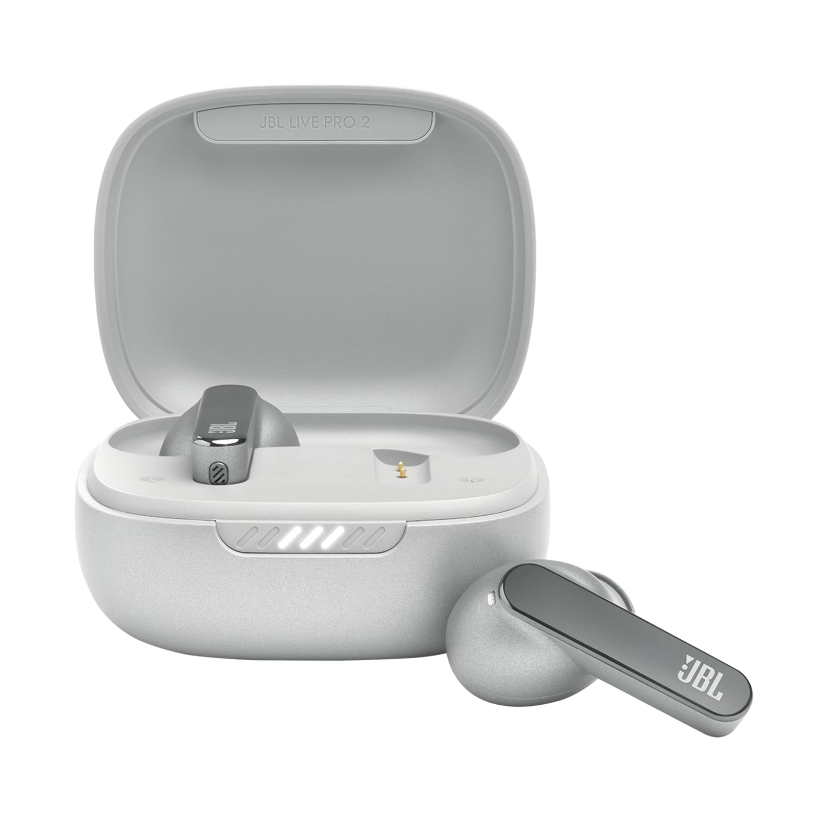 JBL Live Pro 2 - True Wireless Noise Cancelling Earbuds, up to 40 Hours of Playback with Wireless Charging, 6 mics for Perfect Calls, Touch & Voice Control, IPX5 Water Resistant (Silver)