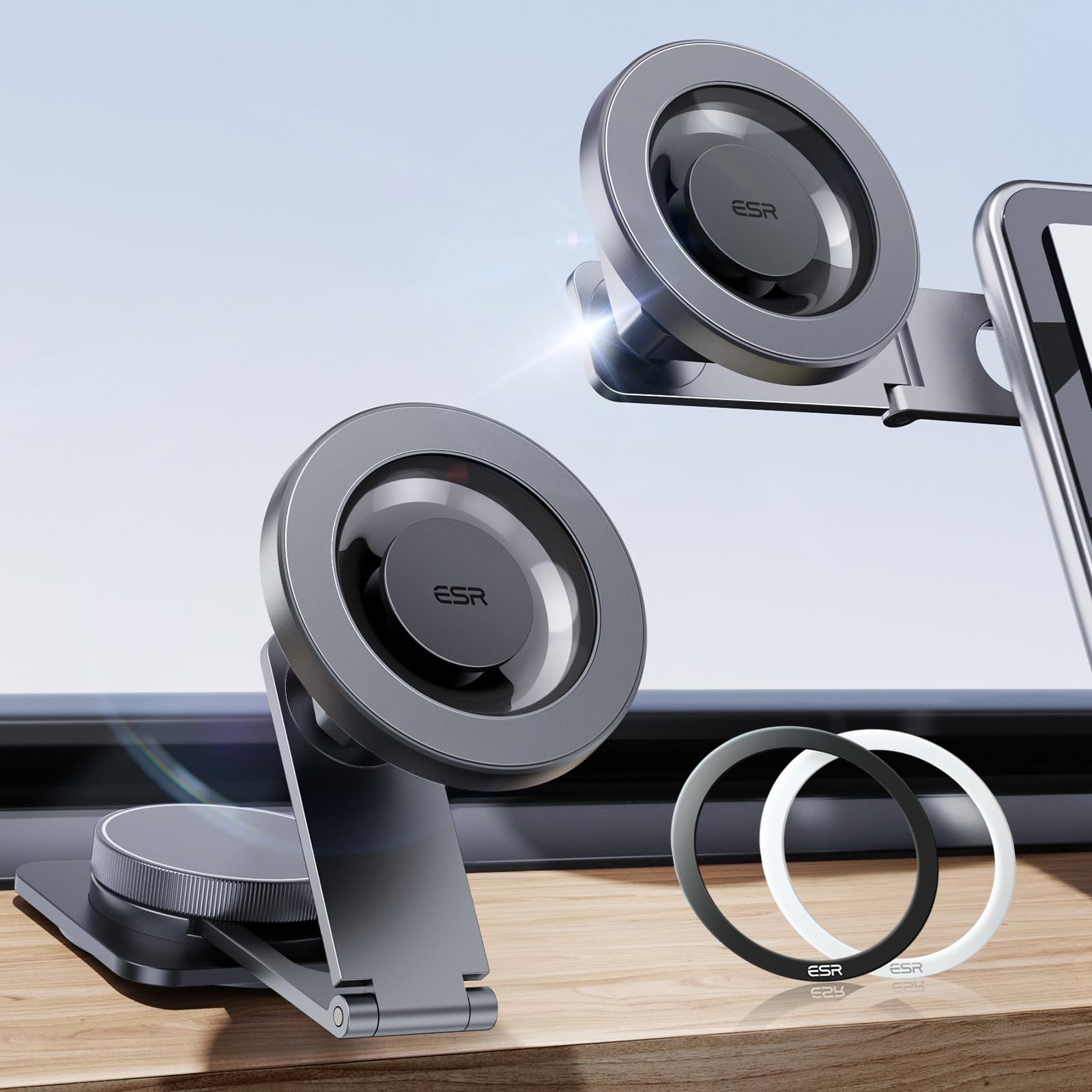 ESR for MagSafe Car Mount, Car Phone Holder,Dashboard/Tesla Touchscreen Car Mount, Magnetic Phone Holder for Car, for iPhone 16/16e/15/14/13/12, S25, Charging Not Supported(2 Metal Rings Included)