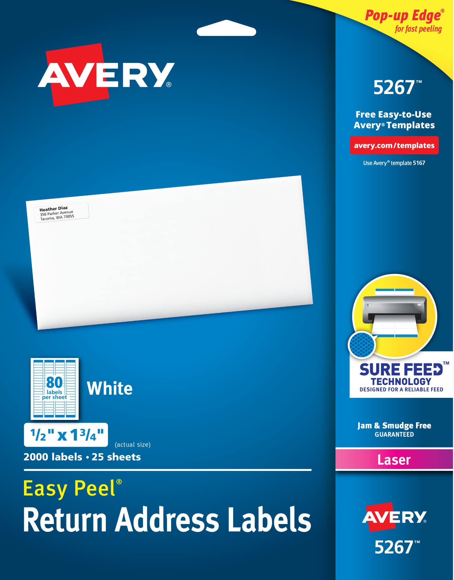Avery Printable Return Address Labels with Sure Feed, 0.5" x 1.75", White, 2,000 Blank Mailing Labels (05267)