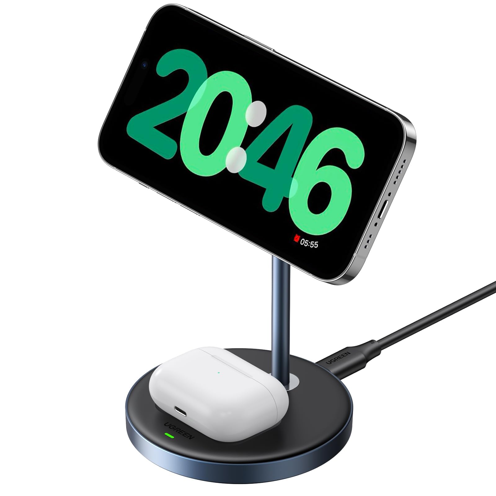UGREEN MagFlow 2-in-1 Magnetic Wireless Charging Station, Fast Wireless Charger for iPhone 16 15 14 13 12 Series and AirPods, MagSafe Compatible Qi Charging Stand with 3 FT USB-C Cable (No AC Adapter)