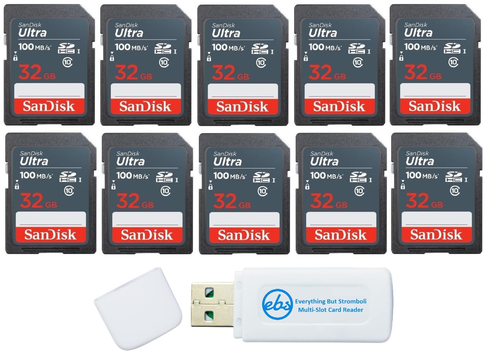 SanDisk 32GB Ultra SD Memory Card (10 Pack) SDHC UHS-I Card 100 MB/s Class 10 (SDSDUNR-032G-GN3IN) Bundle with (1) Everything But Stromboli SD/Micro Card Reader