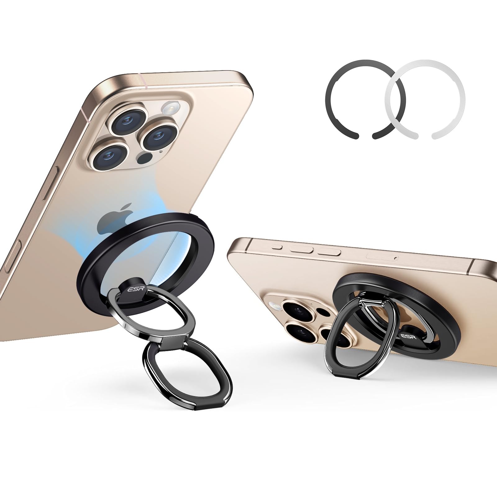 ESR for MagSafe Phone Grip, MagSafe Ring Holder, Magnetic Phone Ring Holder, Magnetic Phone Grip with 2-Way Adjustable Stand for iPhone 16/15/14/13/12, Samsung, All Smartphones(2 Metal Rings included)