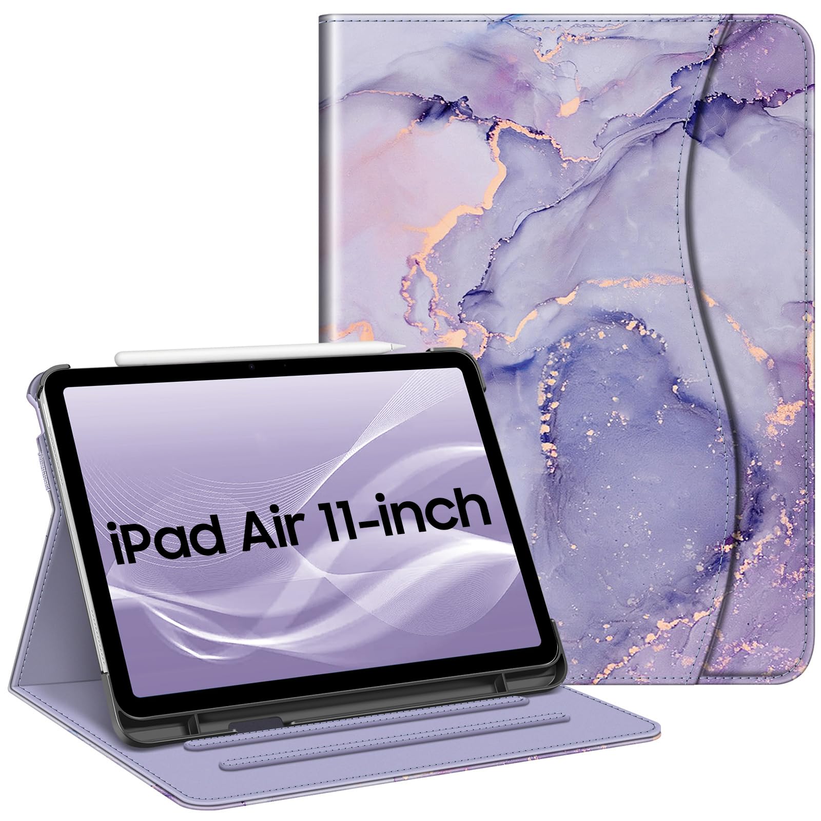 Fintie Case for iPad Air 11-inch M3 (2025) / M2 (2024), iPad Air 5th (2022) / 4th Generation (2020) 10.9 Inch, Multi-Angle Viewing Protective Cover with Pencil Holder & Pocket, Lilac Marble
