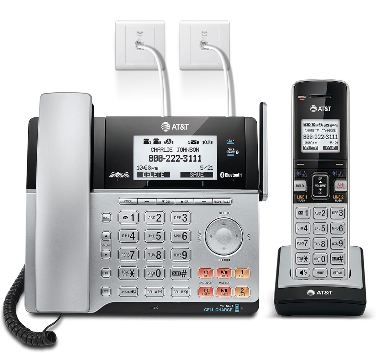 AT&T TL86103 2-Line Corded/Cordless for Small Business with Answering Machine, 2-Mailboxes, Connect-to-Cell, Caller ID Announcer, Intercom, Line-Power, Long Range & Expandable to 12 Handsets
