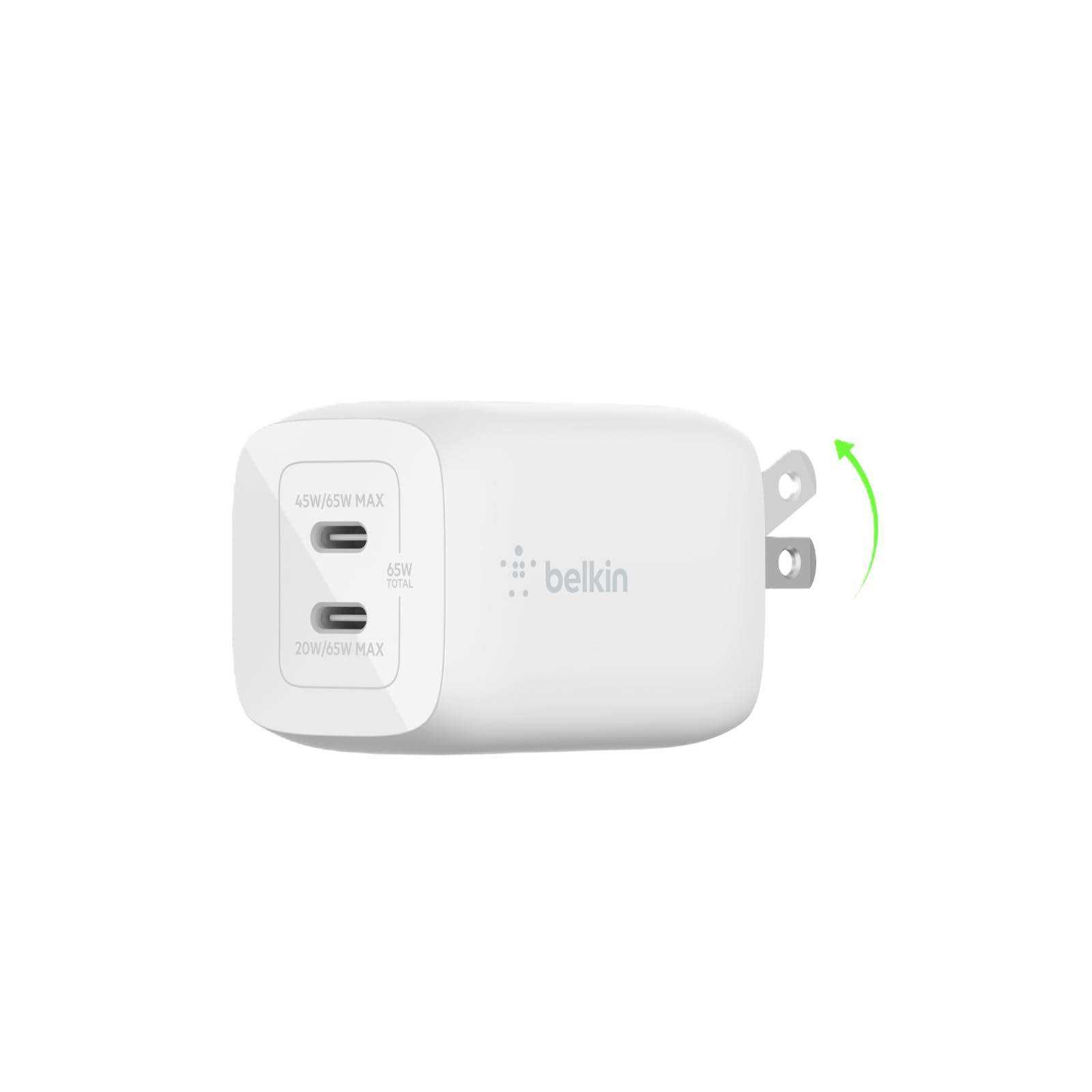 Belkin 65W Dual USB C Charger Block, Super Fast Charging PD3.0 w/ GaN Technology - Samsung Galaxy S25, Apple iPhone 16, 15, 14, 13, Pro, Pro Max, iPad, MacBook, Nintendo Switch 2 & More - White