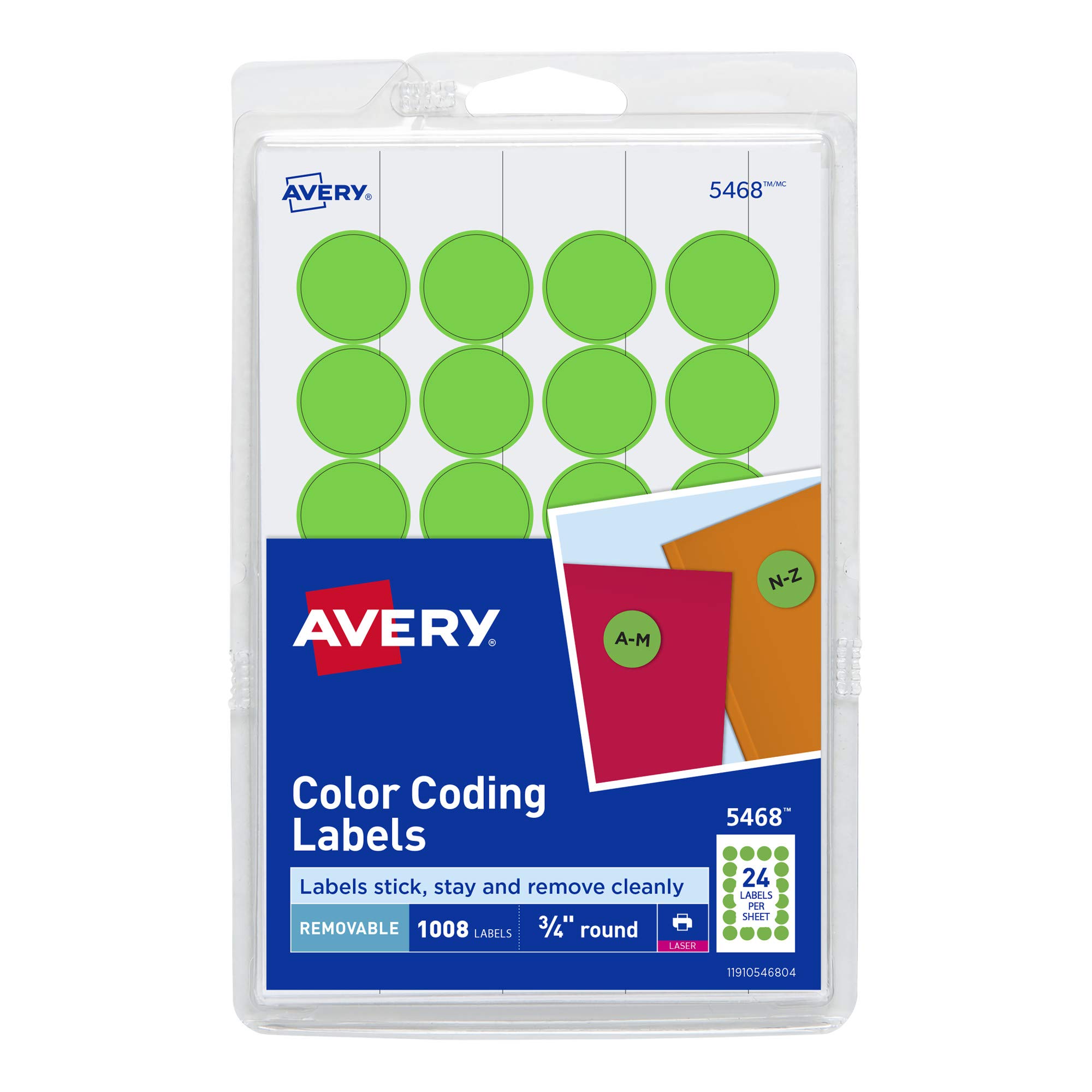 Avery Colored Dot Stickers, Removable Print or Write Circle Labels, 3/4 Inch, 1008 Neon Green Round Stickers (5468)