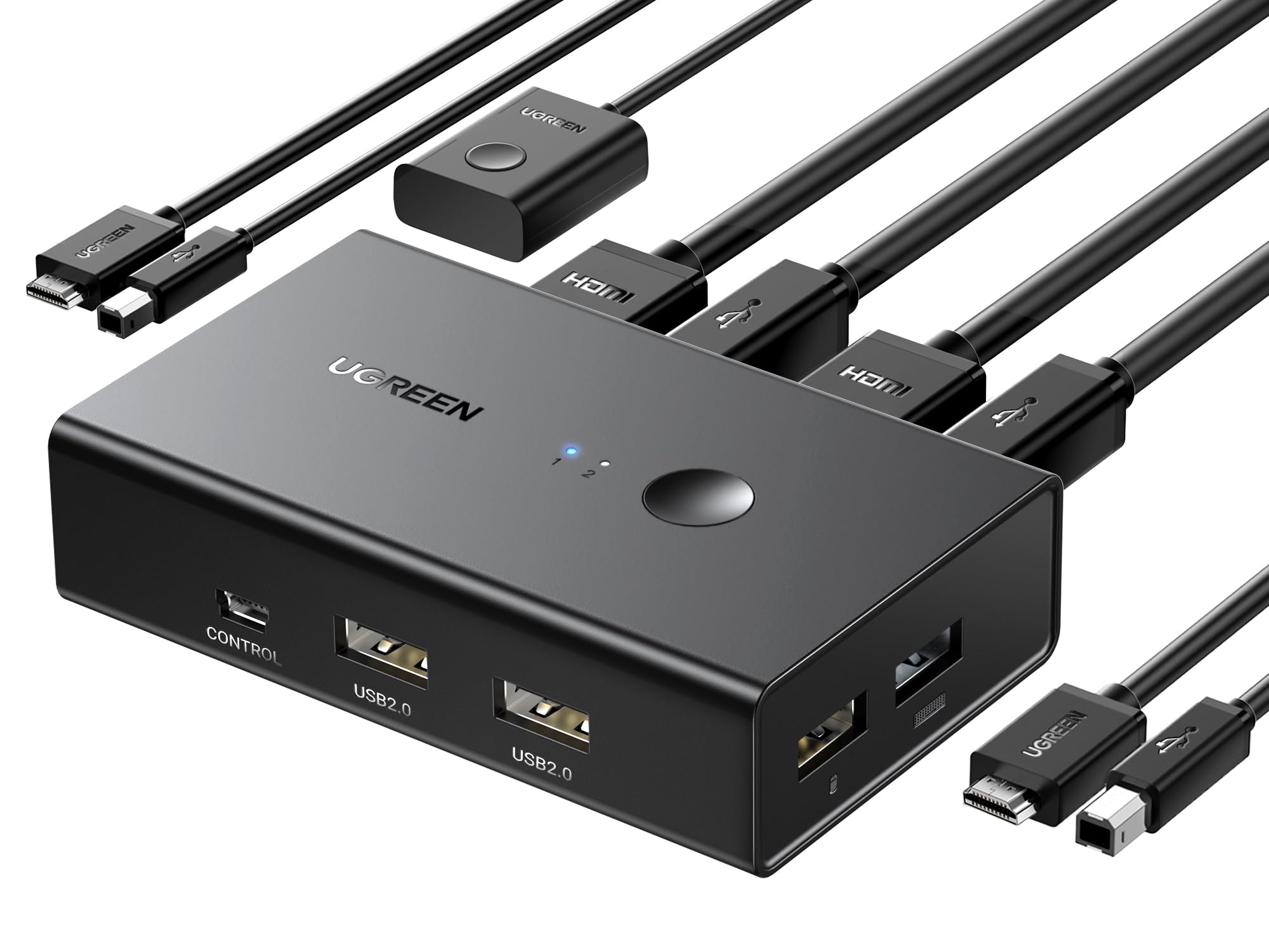 UGREEN HDMI KVM Switch 1 Monitor 2 Computers, with 4 USB Ports, KVM Switches for Sharing One Monitor Keyboard Mouse Printer Support 4K@60Hz, Include 2 HDMI Cables, 2 USB Cables, Desktop Controller