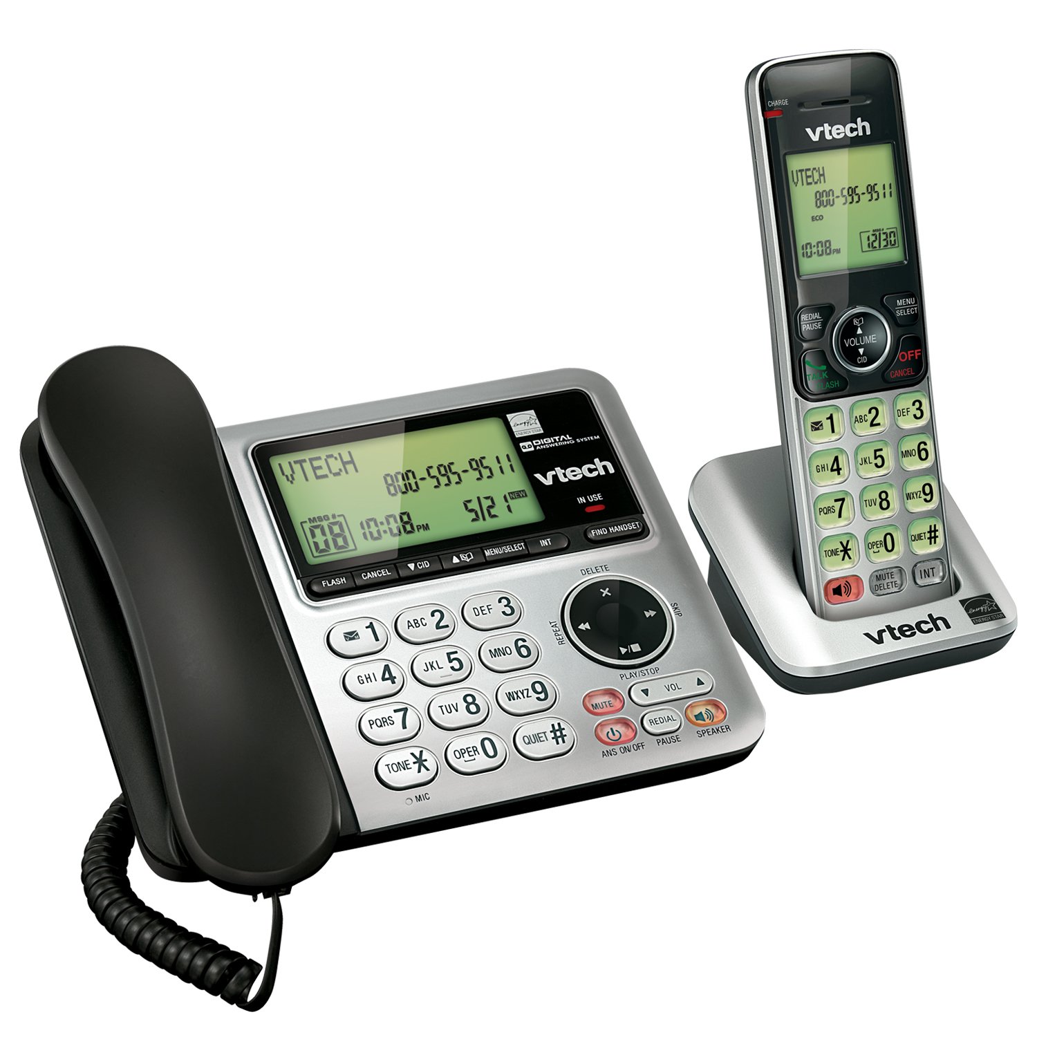 VTech CS6649 DECT 6.0 Expandable Corded/Cordless Phone with Answering System and Caller ID/Call Waiting, Silver/Black with 1 Handset