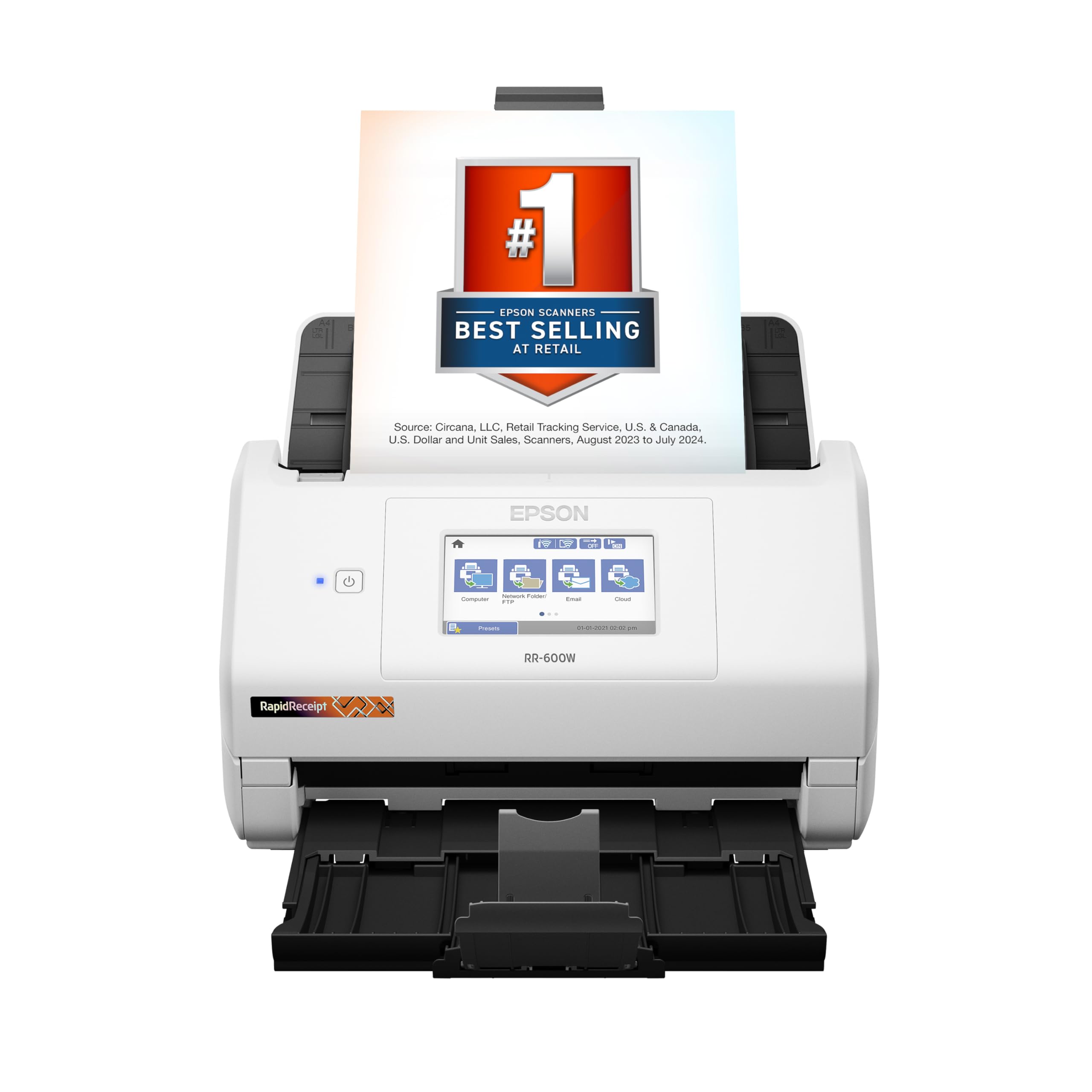 Epson RapidReceipt RR-600W Wireless Desktop Color 2-Sided Receipt & Document Scanner with ScanSmart AI PRO Receipt Management & PDF Software for PC & Mac, Touchscreen & 100-Page Auto Document Feeder