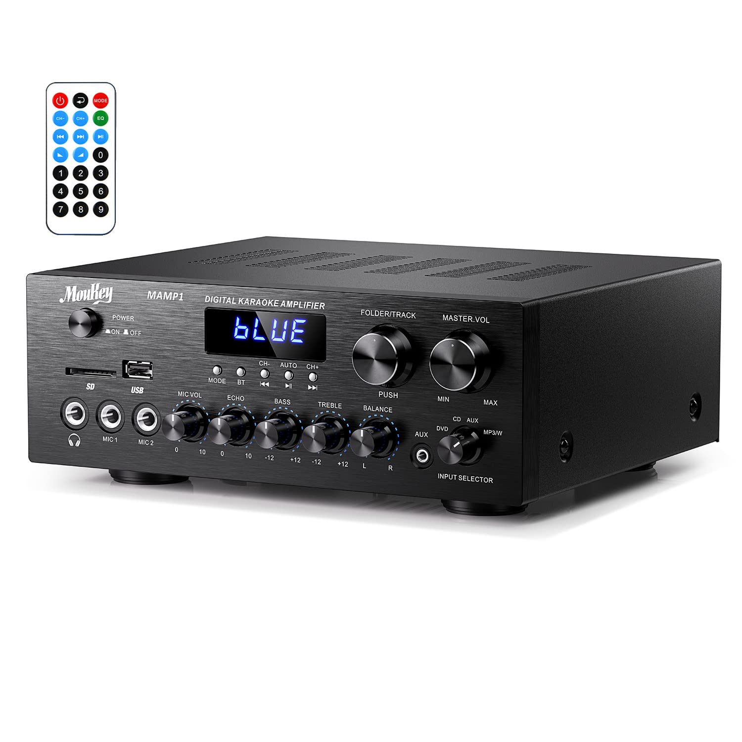 Moukey Stereo Receivers with Bluetooth 5.0, 400W 2.0 Channel Power Audio Amplifier Stereo System w/USB, SD, AUX, RCA, MIC in w/Echo, LED for Karaoke, Home Theater Speakers - MAMP1