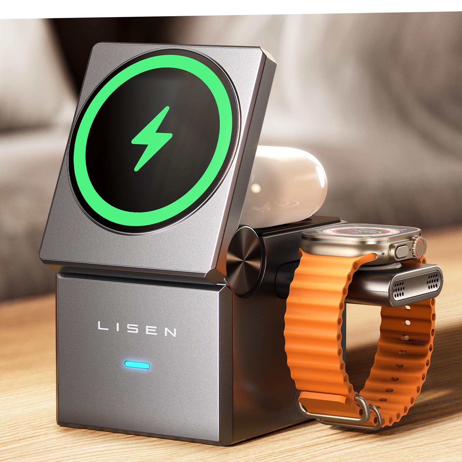 LISEN 3 in 1 Charging Station for Apple, Cargador Inalámbrico para iPhone Wireless Charging Station for Magsafe Charger Stand Cube, Foldable for iPhone16 16e 15 14 13 and Watch Gray