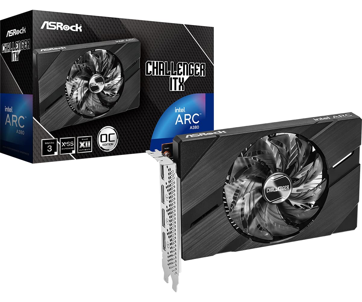 ASRock Intel ARC A380 Challenger ITX 6GB OC GDDR6 96-bit DisplayPort HDMI 0dB Silent Cooling 2250 MHz 7680 x 4320 PCI Express4.0 Graphics Card 500W