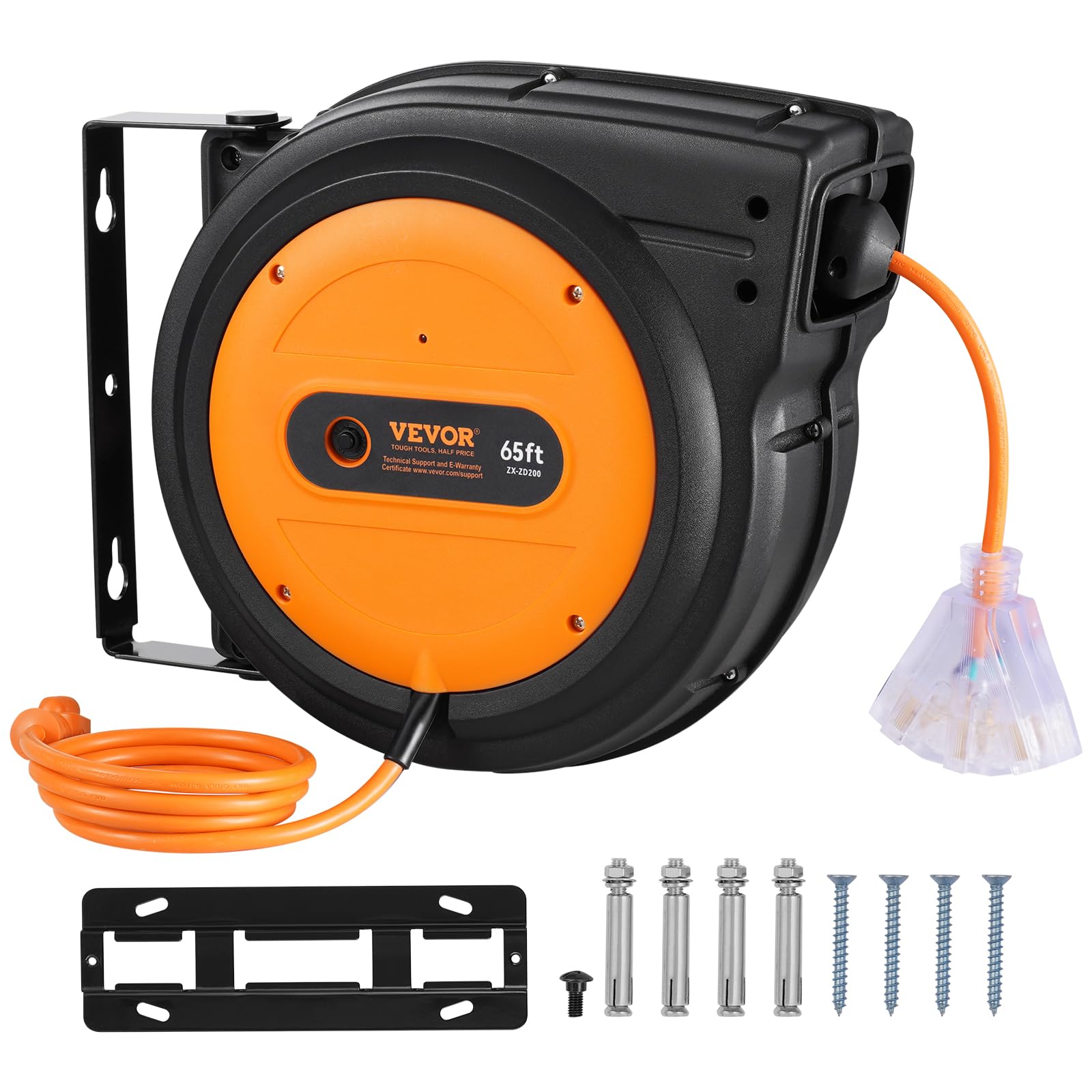 VEVOR Retractable Extension Cord Reel, 65 FT, Heavy Duty 12AWG/3C SJTOW Power Cord, with Lighted Triple Tap Outlet, 15 Amp Circuit Breaker, 180° Swivel Bracket for Ceiling or Wall Mount