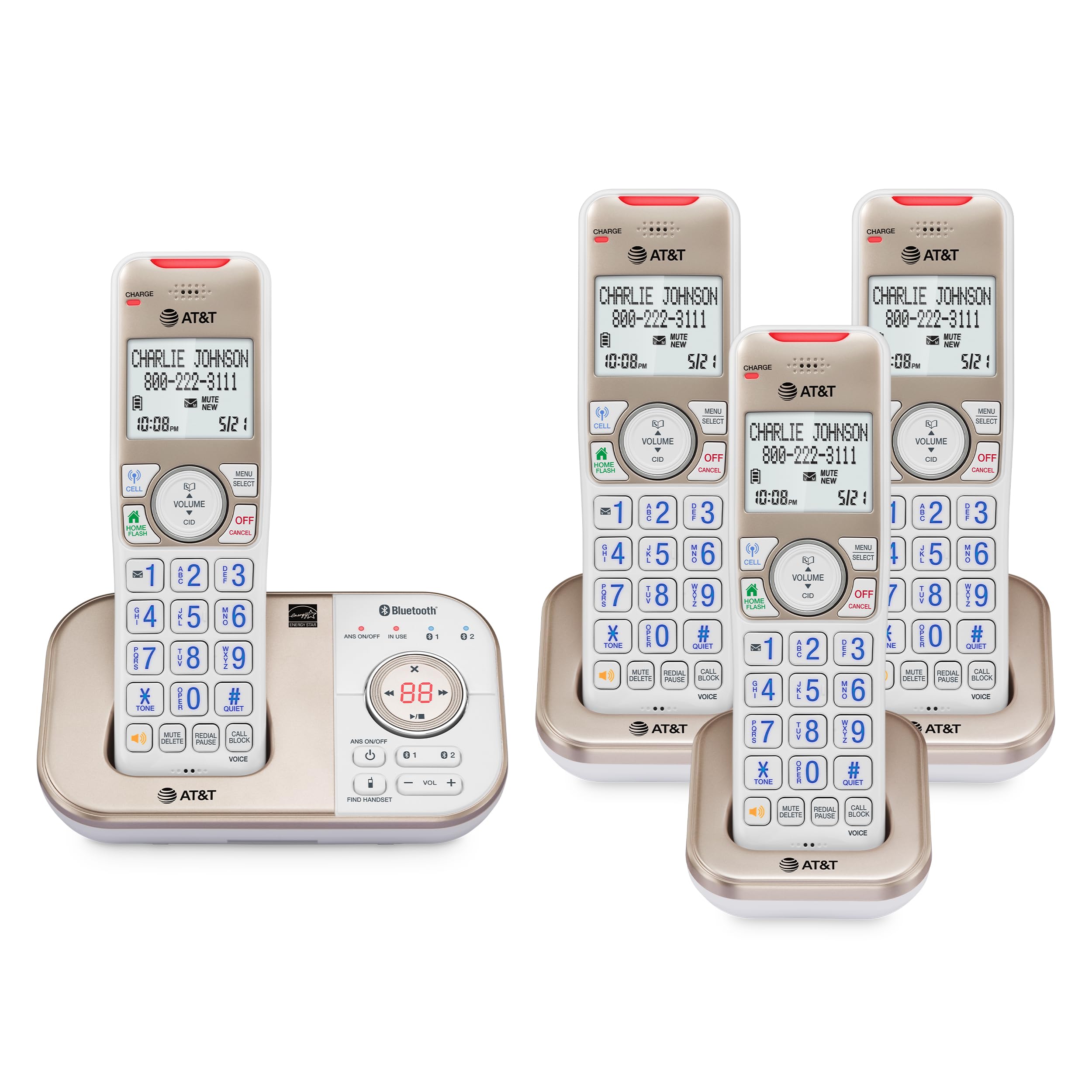 AT&T Cordless Phones for Home with Answering Machine, 4 Handsets DECT 6.0 Bluetooth Expandable, Smart Call Blocking, Caller ID, Intercom and Bluetooth, Connect to Cell, BL3112-4