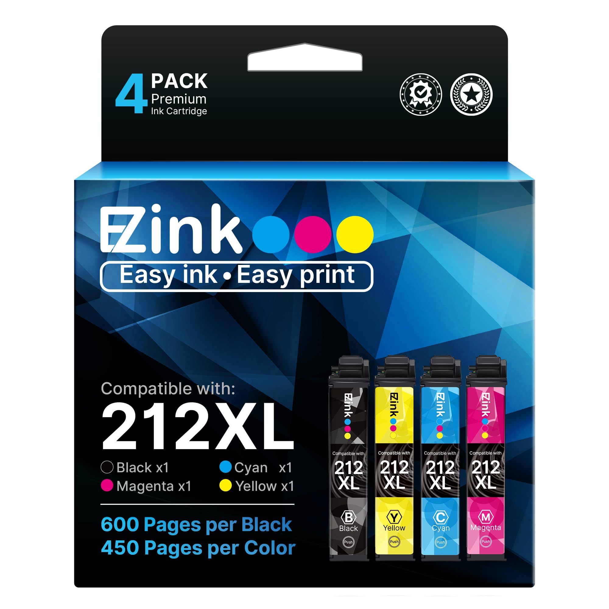 E-Z Ink 212XL Ink Cartridges High Capacity Remanufactured for Epson 212 XL 212XL T212 Combo Pack to Use with Espon XP-4100 XP-4105 WF-2850 WF-2830 (1 Black 1 Cyan 1 Magenta 1 Yellow, 4 Pack)