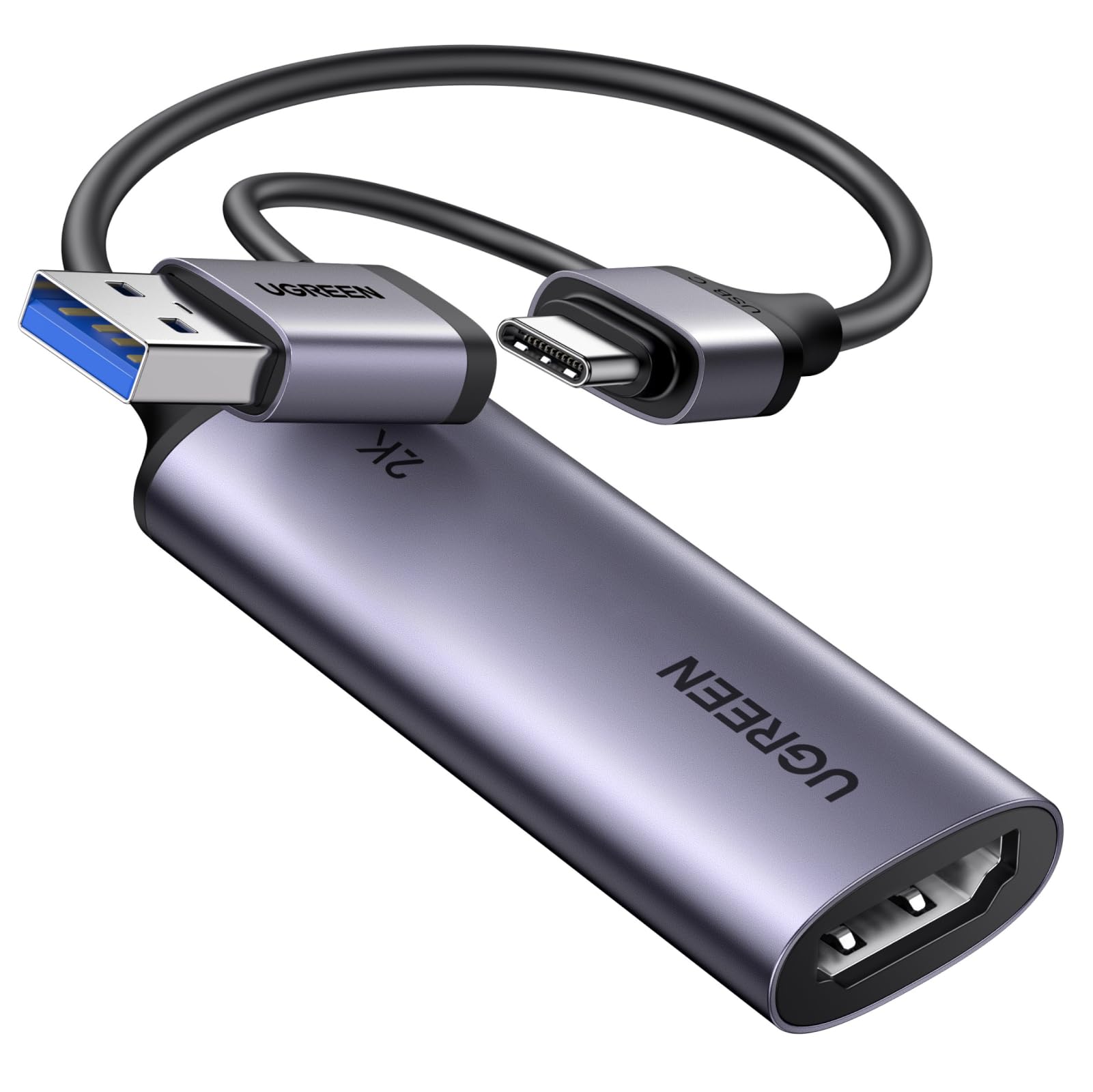 UGREEN 2K@30Hz Video Capture Card HDMI to USB 3.0 A and USB C Capture Device, 4K Input 1080P 60FPS with Low Latency for Streaming Game Recording Compatible with Switch 2/Xbox/PS4/PS5/PC/Camera