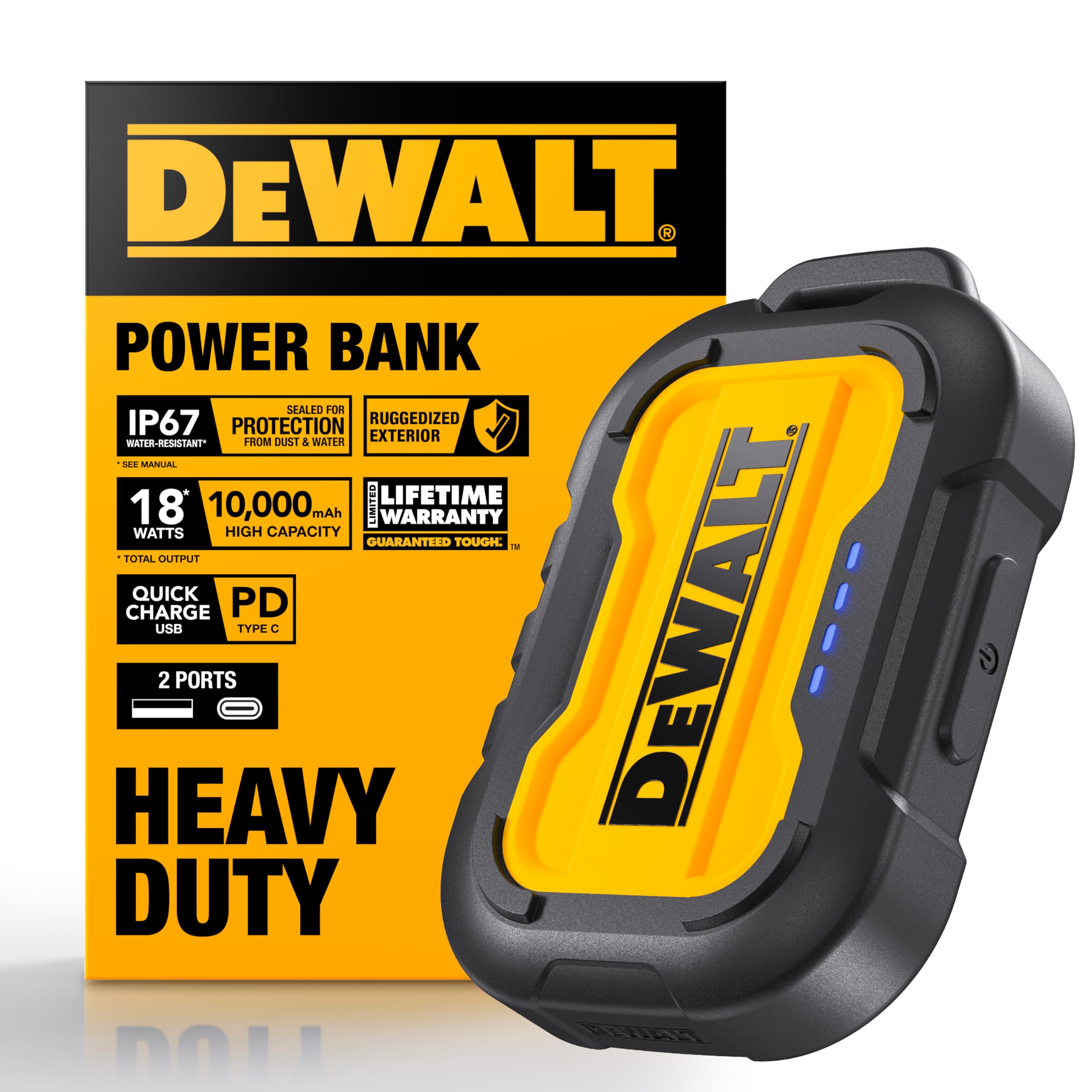 DEWALT Heavy Duty Portable Charger, Power Bank, 10,000 mAh Battery Pack with USB-C Port for iPhone 16/16 Plus/16 Pro/16 Pro Max, iPhone 15/14/13, Samsung Galaxy