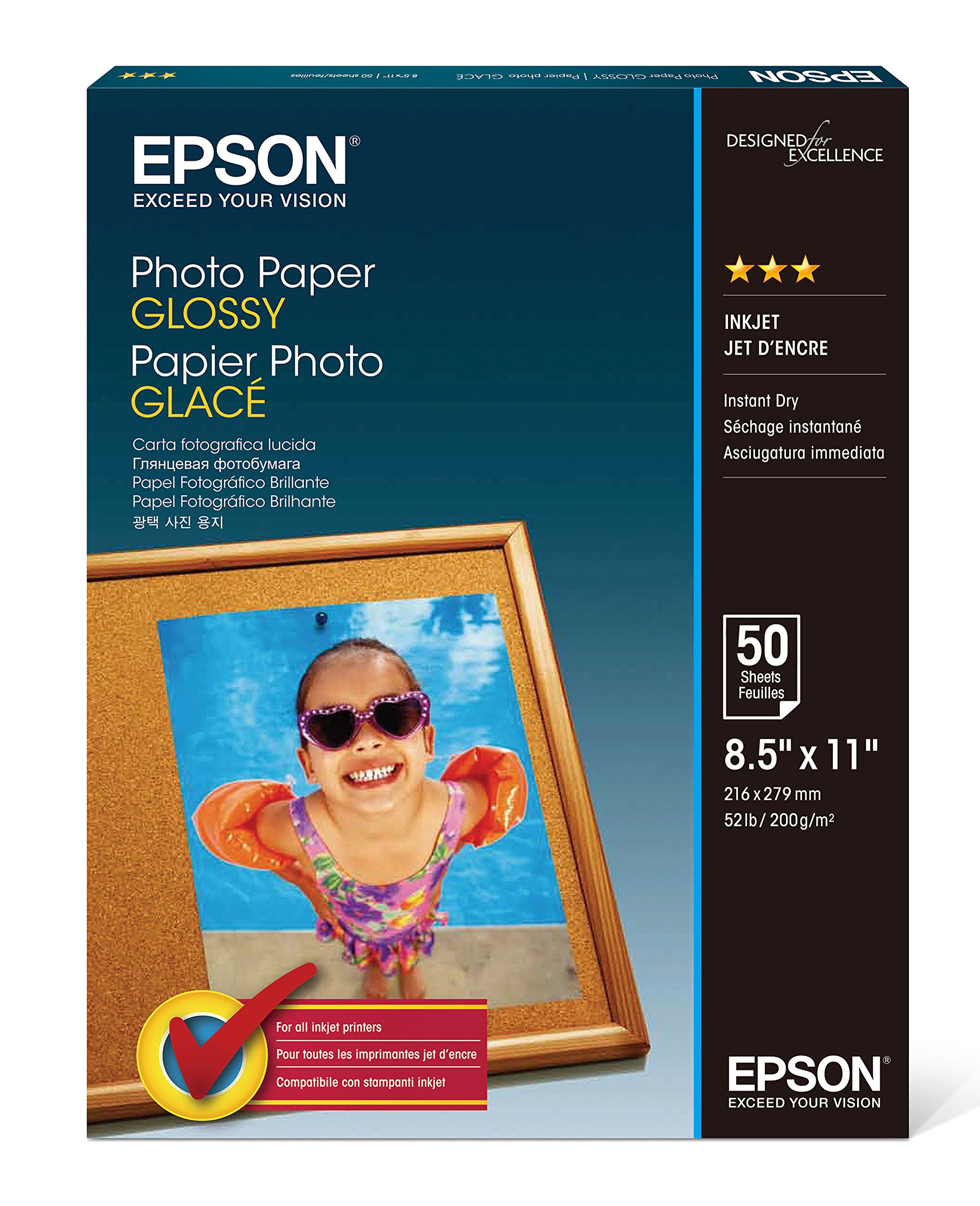 Epson S041649 Glossy Photo Paper, 52 lbs., Glossy, 8-1/2 x 11 (Pack of 50 Sheets)