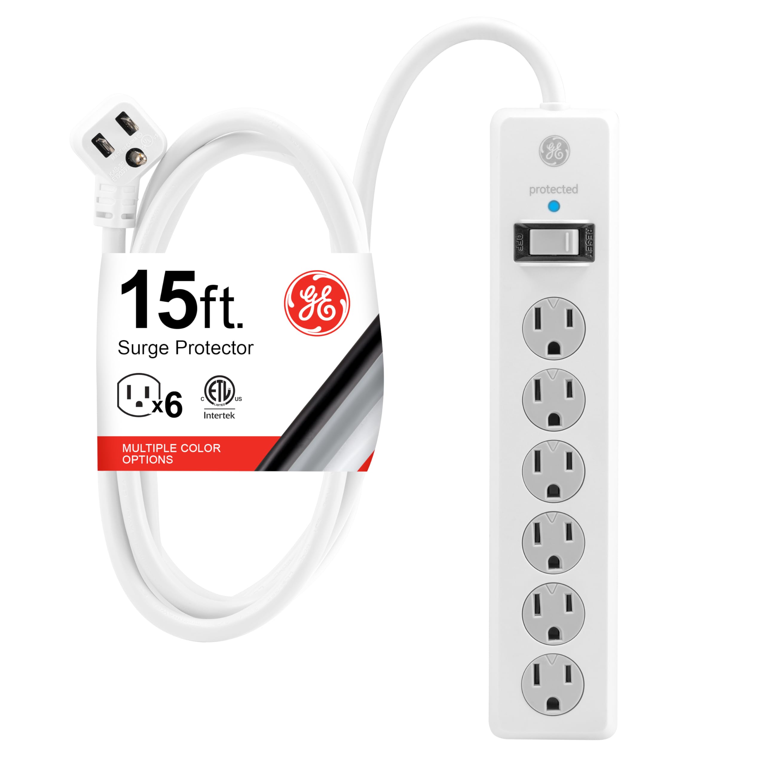 GE 6-Outlet Surge Protector, 15 Ft Extension Cord, Power Strip, 800 Joules, Flat Plug, Twist-to-Close Safety Covers, Protected Indicator Light, ETL Listed, White, 50768