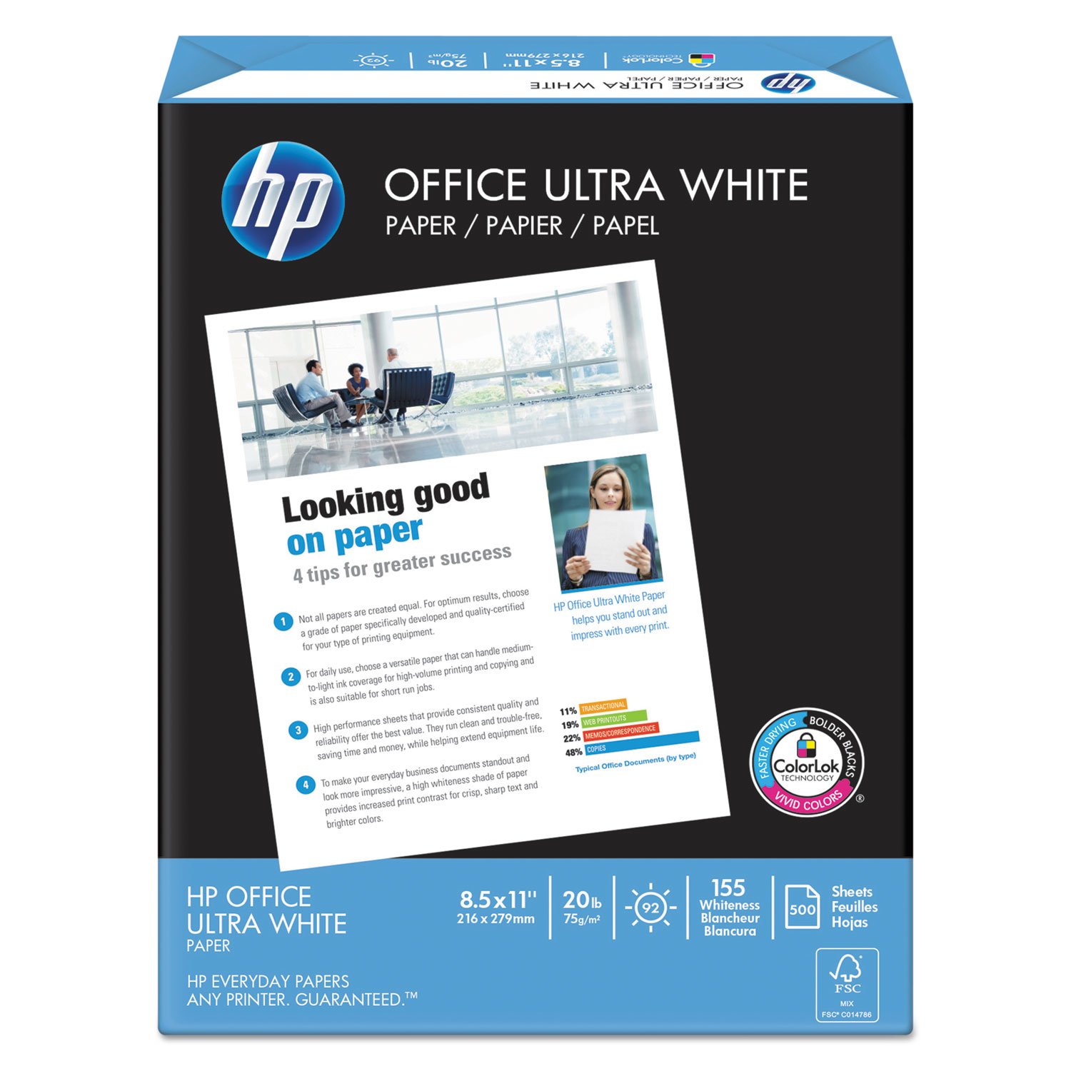 HP Printer Paper | 8.5 x 11 Paper | Office 20 lb | 1 Ream - 500 Sheets | 92 Bright | Made in USA - FSC Certified | 172160R