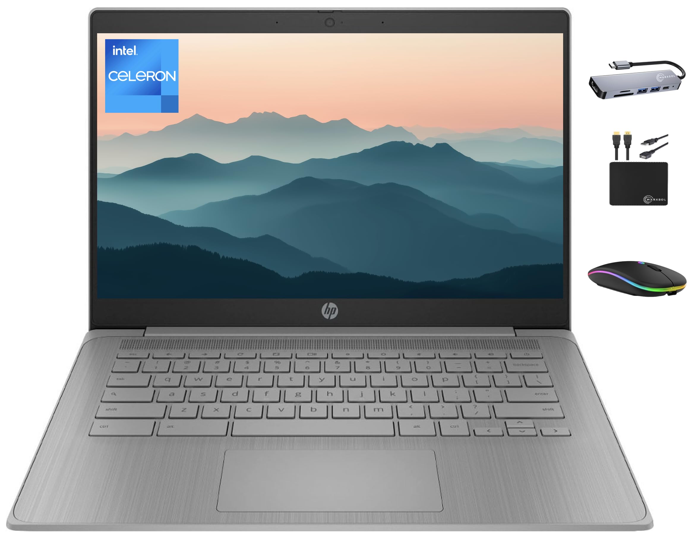 HP Chromebook 2025 Premium 14" HD Laptop Computer Light Slim Business, 4-Core Intel Processor, 4GB RAM, 192GB Storage (64GB eMMC+128GB Card), WiFi, Webcam, Long Battery, Chrome OS +MarxsolAccessory