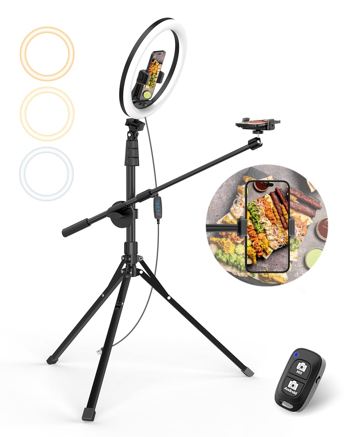 UBeesize 12" Selfie Ring Light with Stand and Overhead Camera Mount, 62" Foldable Tripod for iPhone with Ringlight, Phone Light for Video Recording,Cooking,Photography,Live Streaming,Tiktok,YouTube