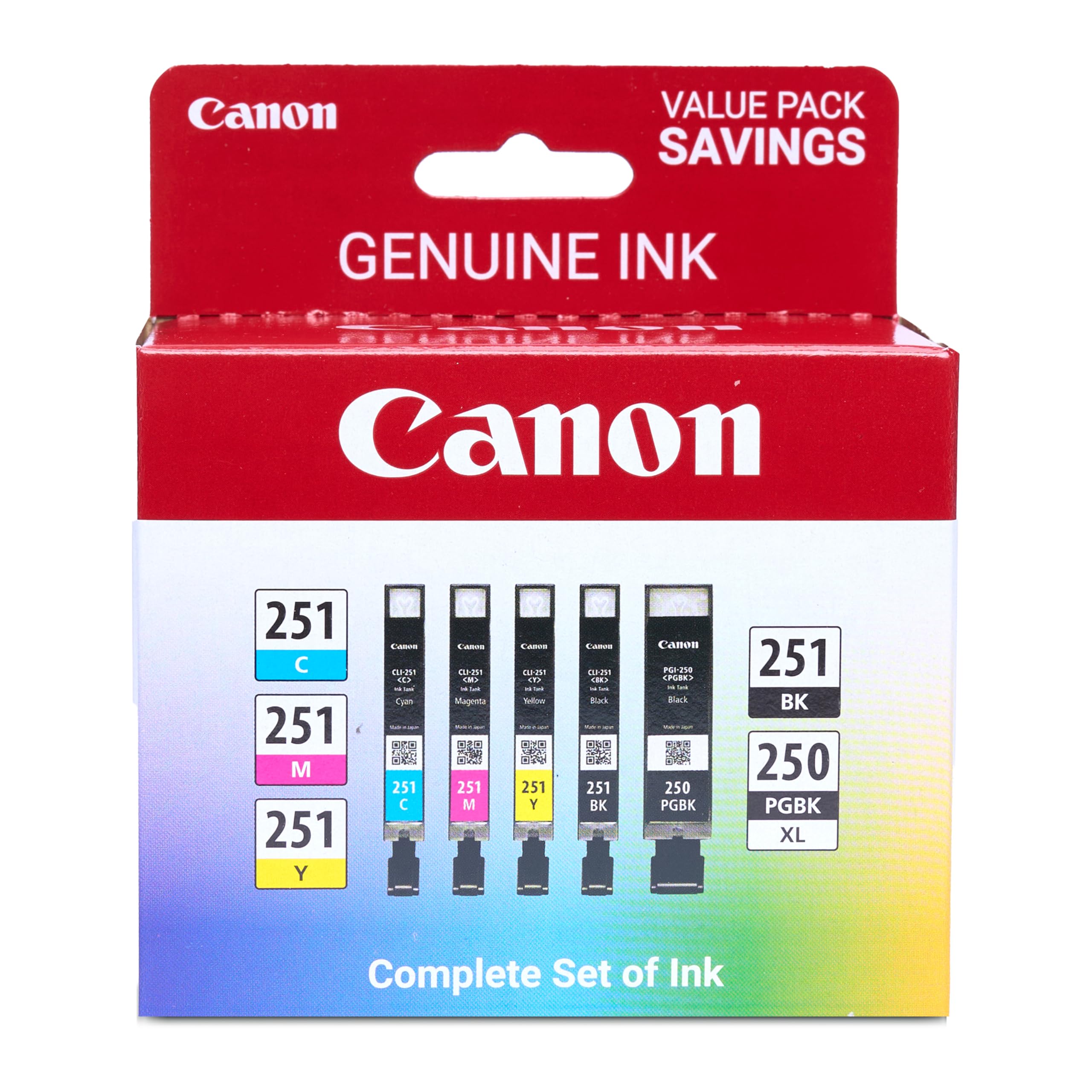 Canon PGI-250XL/CLI-251 Genuine Five Color Value Pack, Compatible with MG6320, iP7220, MG5420, MX922, MX722, MG7120, MG6420, MG5520, iX6820, iP8720, MG7520, MG6620, and MG5620 (Optional) Printers