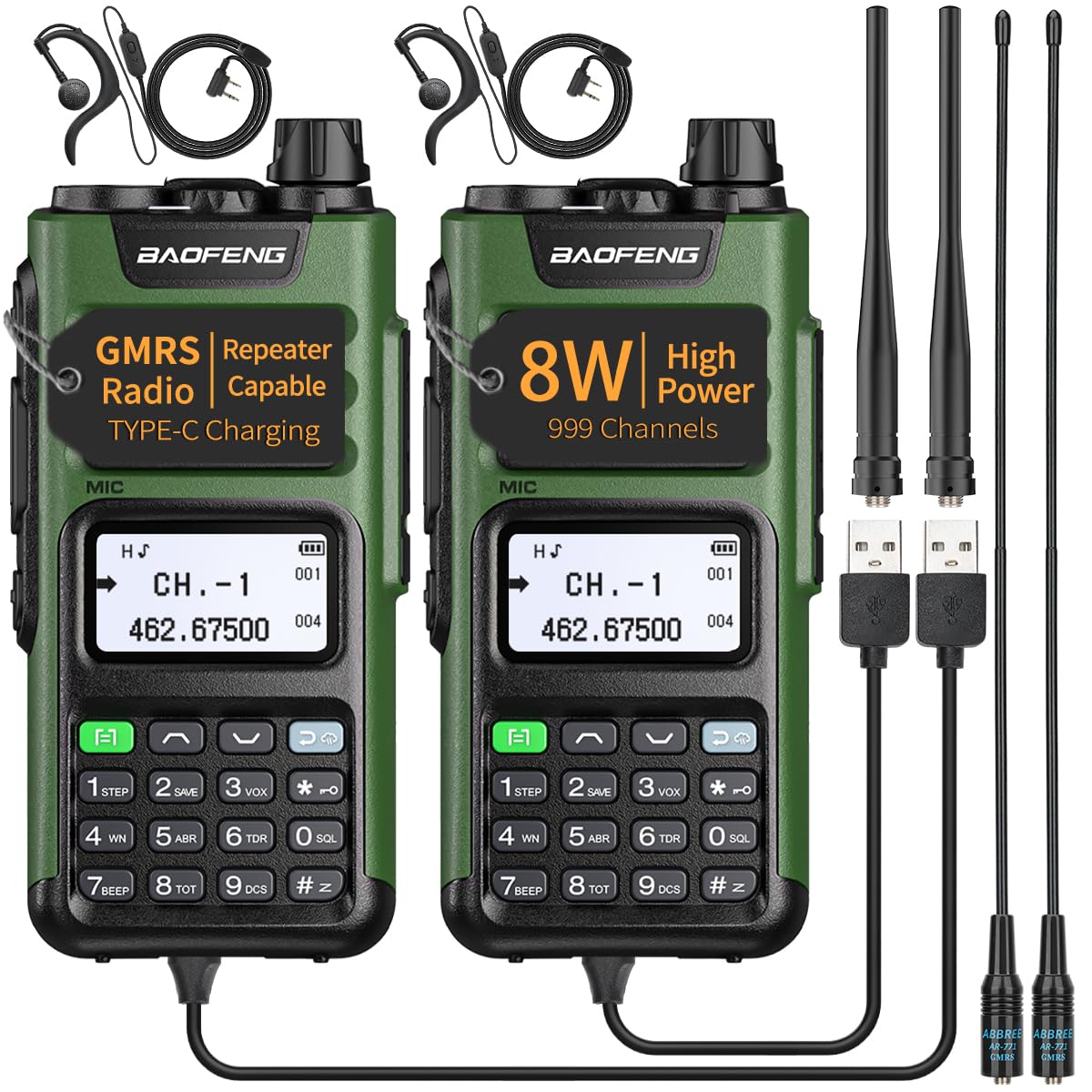 BAOFENG GMRS Radio Handheld Long Range GM-15 Pro 8W Walkie Talkie with Earpiece NOAA Weather Receiver Rechargeable GMRS Repeater Two Way Radio with USB-C Charger for Hunting Survival Gear,2Pack