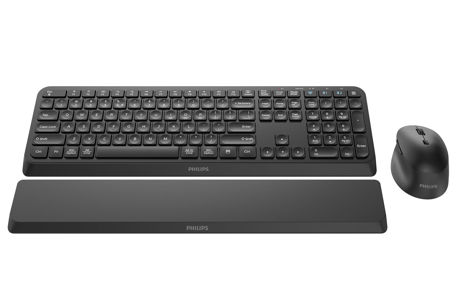 PHILIPS Bluetooth Keyboard and Mouse Combo - Bluetooth 2.4Ghz Wireless Keyboard and Mouse,Ergonomic Design with Palm Rest,3-Device Connectivity, 5 DPI Mouse, Long Battery for Office & Home -Black
