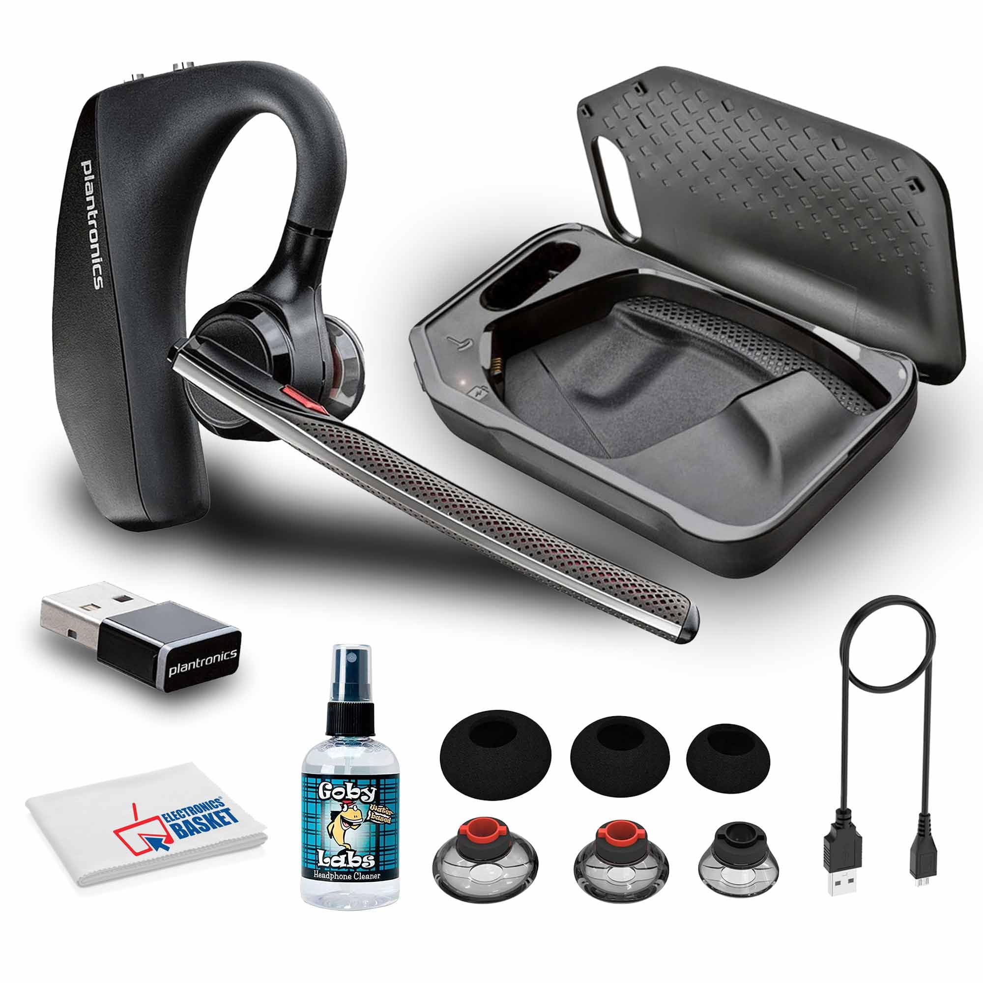 Poly Voyager 5200 UC Bluetooth Headset (7K2F3AA) Bundle Including: Goby Labs Headphone Cleaner, Fiber Cloth, Small, Medium, Large Ear Tips, Charging Case, Charging Cable