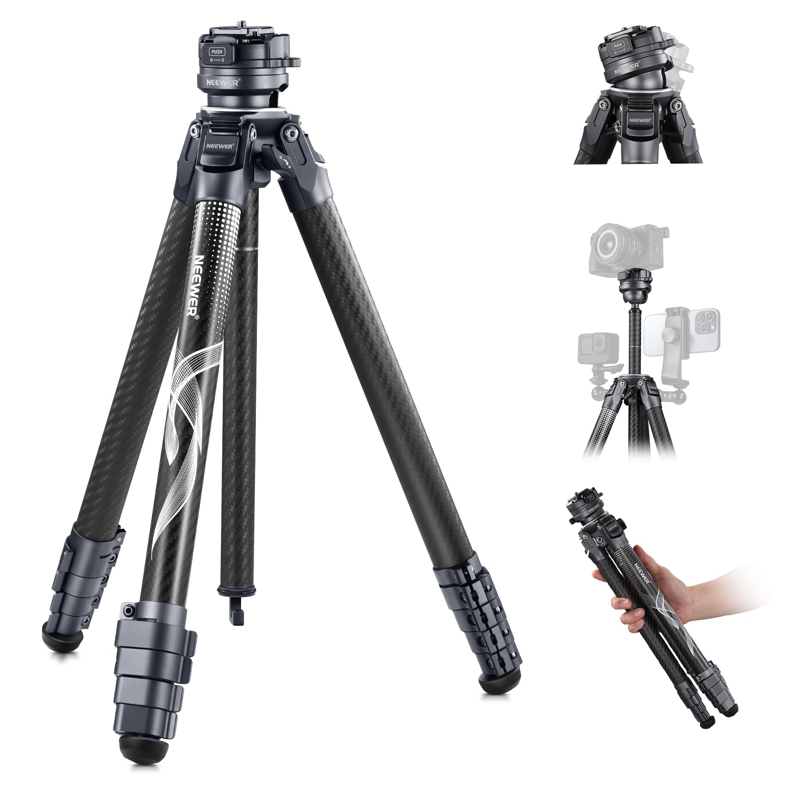 NEEWER LITETRIP LT32 62" Travel Tripod Carbon Fiber with ±15° Leveling 360° Panorama Head, Detachable Center Axis, Fast Flip Buckle, Arca QR Plate Compatible with Peak Design Capture V3, (Former TP62)