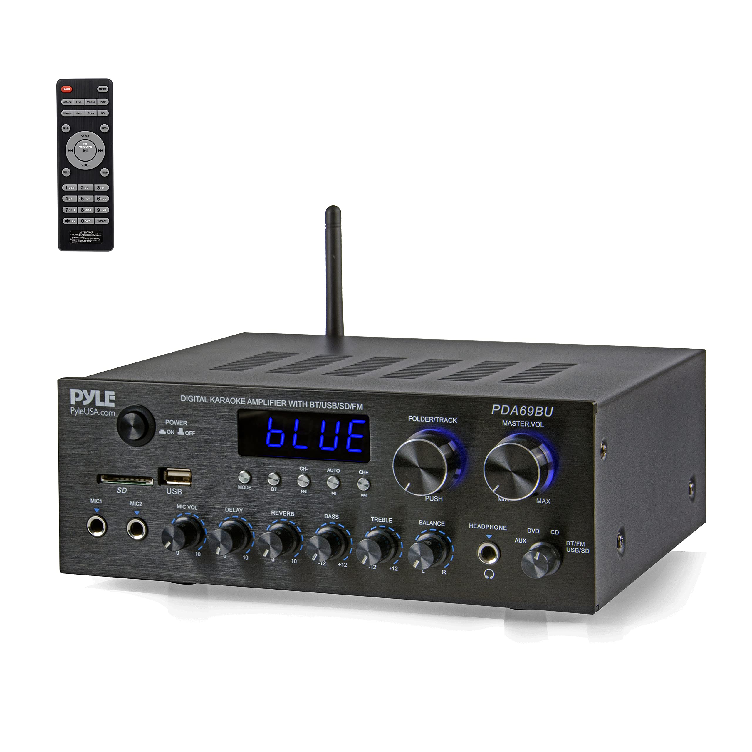 Pyle Stereo Amplifier Audio Receiver with Remote Control - Bluetooth Streaming, MP3/USB/SD/FM Radio, 2.0 Channel HiFi Sound System with RCA/Aux Inputs, Microphone & Headphone Jacks, Adjustable Bass