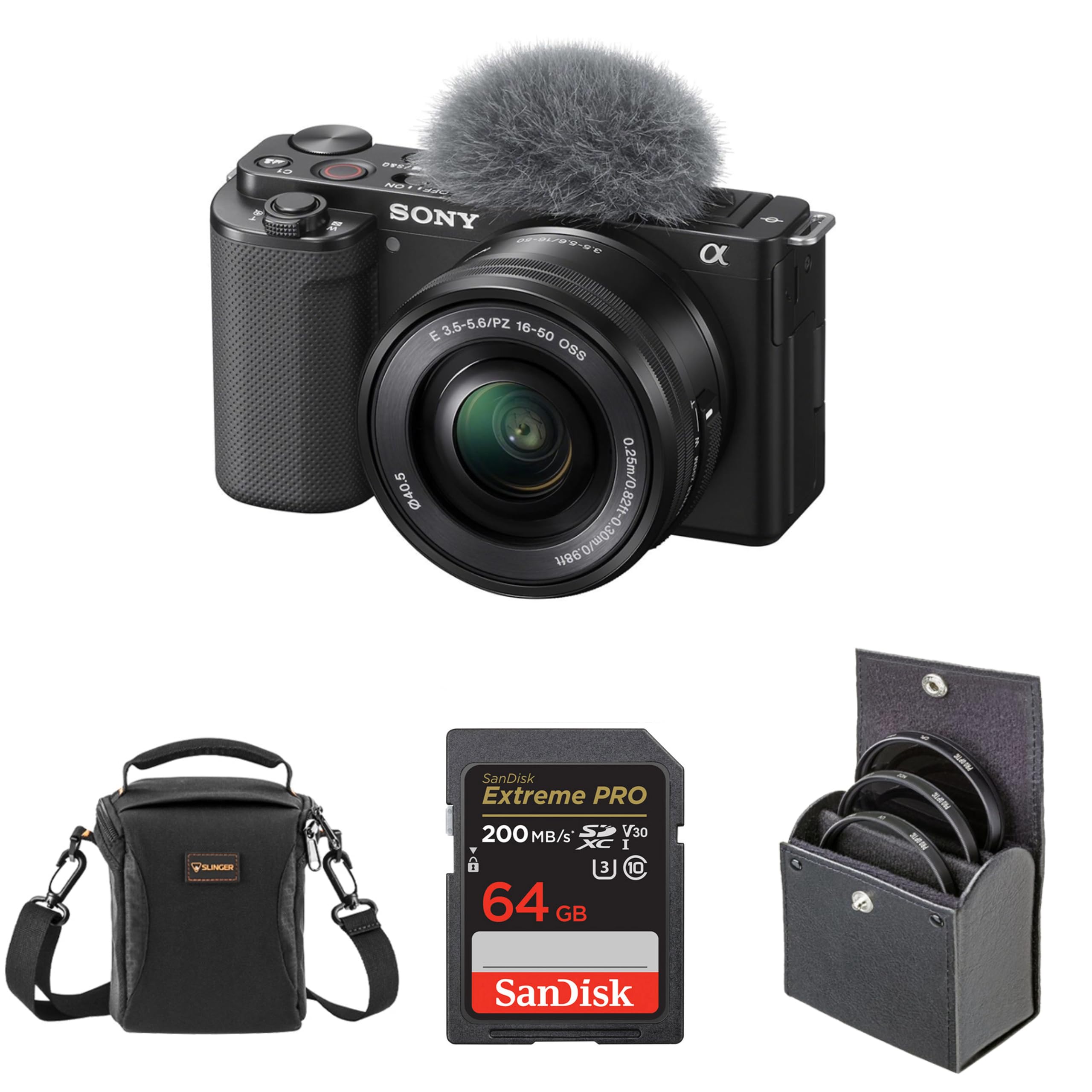Sony ZV-E10 APS-C Mirrorless Interchangeable Lens Vlogging Camera with 16-50mm Lens, Black - Bundle with 64GB SD Card, Shoulder Bag, 40.5mm Filter Kit