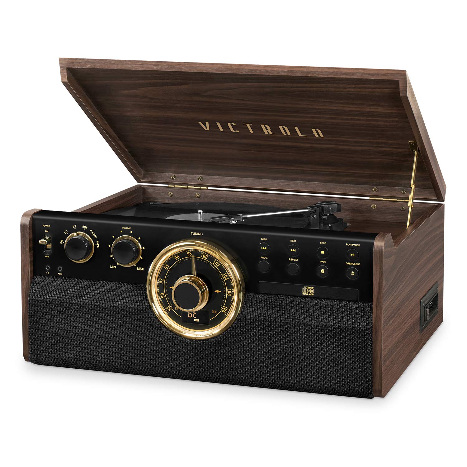 Victrola The Empire Mid-Century 6-in-1 Turntable & Multimedia Center with Built-in Speakers – 3 Speed, Bluetooth Connectivity, Radio, Cassette & CD Player, RCA Out, Headphone Jack (Espresso)