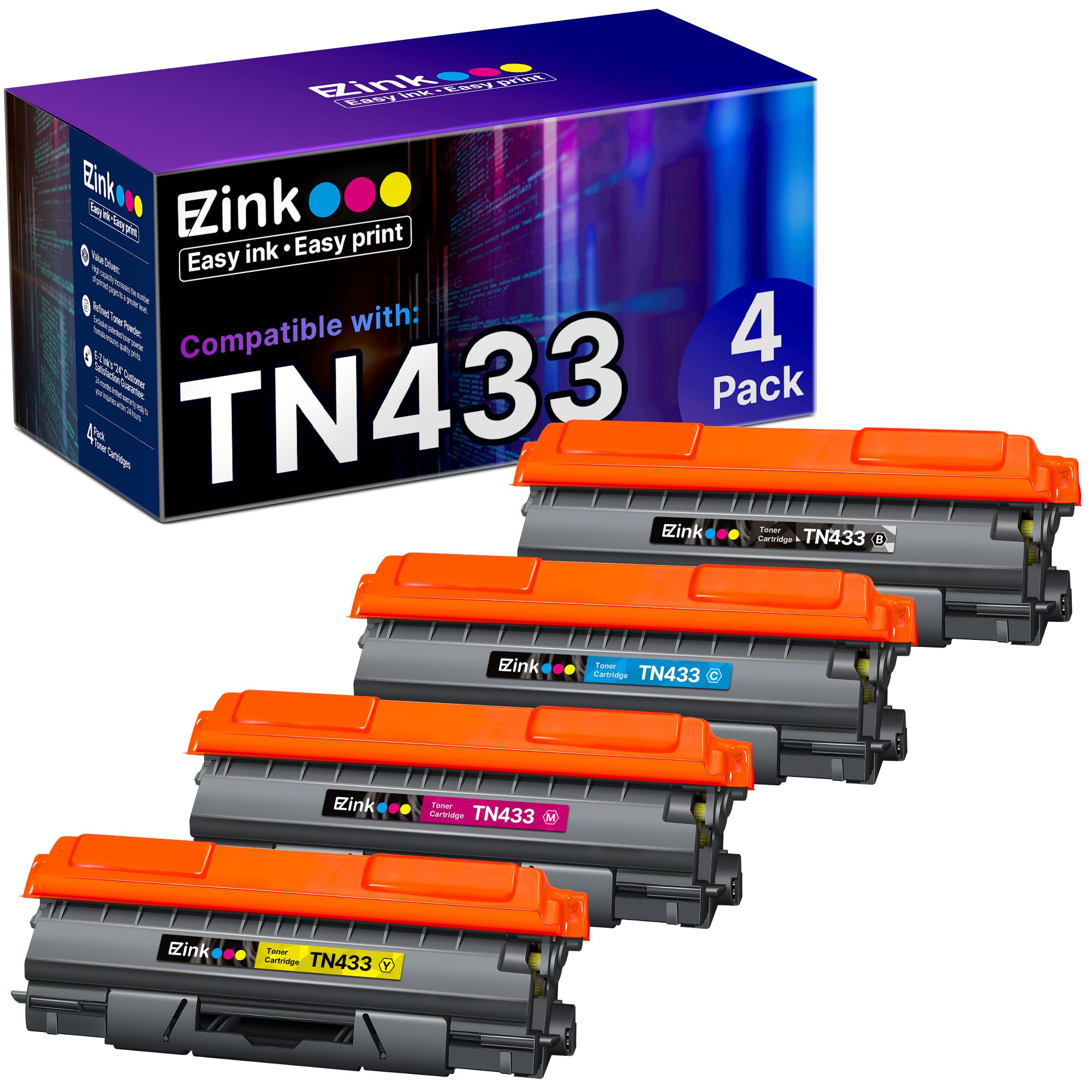 E-Z Ink Compatible TN433 Toner Cartridge Replacement for Brother TN433 TN-433 TN433bk TN431 to use with Brother MFC-L8900Cdw HL-L8360CDW HL-L8260CDW MFC-L8610CDW MFC-L8690CDW Printer (4 Pack)
