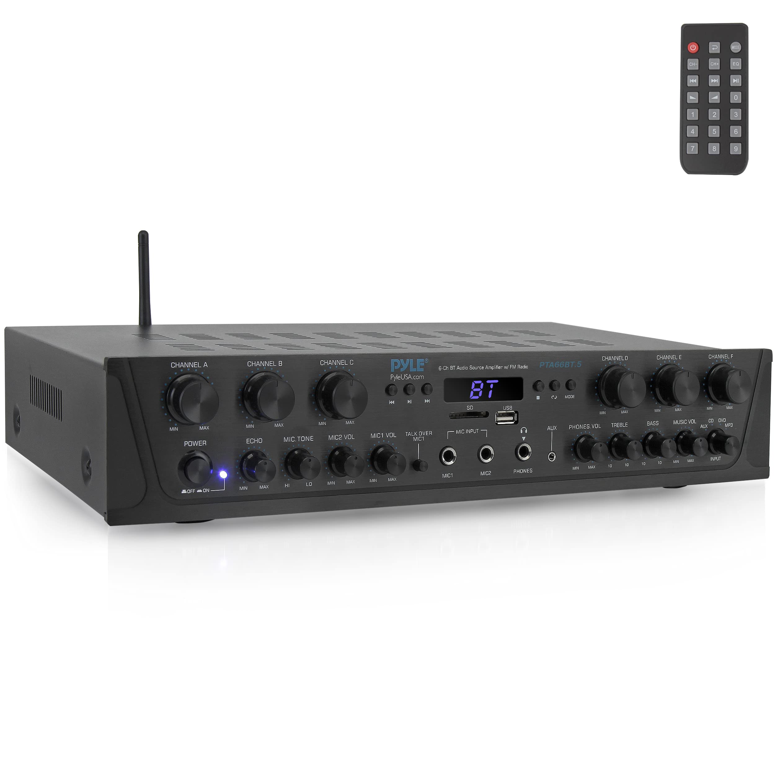 Pyle Wireless Home Audio Amplifier System Bluetooth Compatible Sound Stereo Receiver Amp - 6Channel 600Watt Power, Digital LCD, Headphone Jack, 1/4'' Microphone in USB SD AUX RCA FM Radio- PTA66BT.5