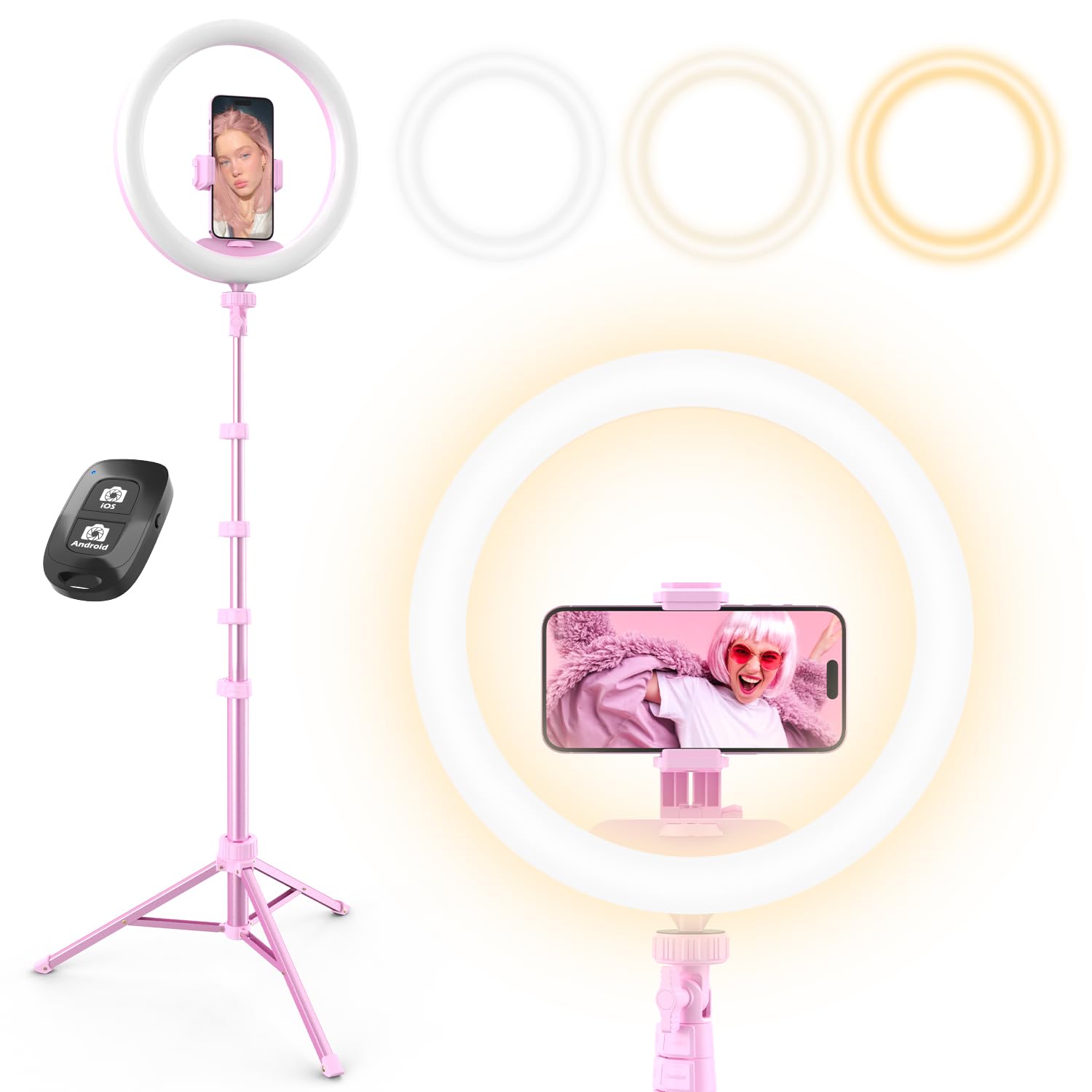UBeesize 12” Selfie Ring Light with 62” Extendable Tripod Stand & Remote, LED Light with Phone Holder for Video Recording/Makeup/Content Creator (YouTube/TikTok/Twitch), Phone, Camera & Webcam (Pink)
