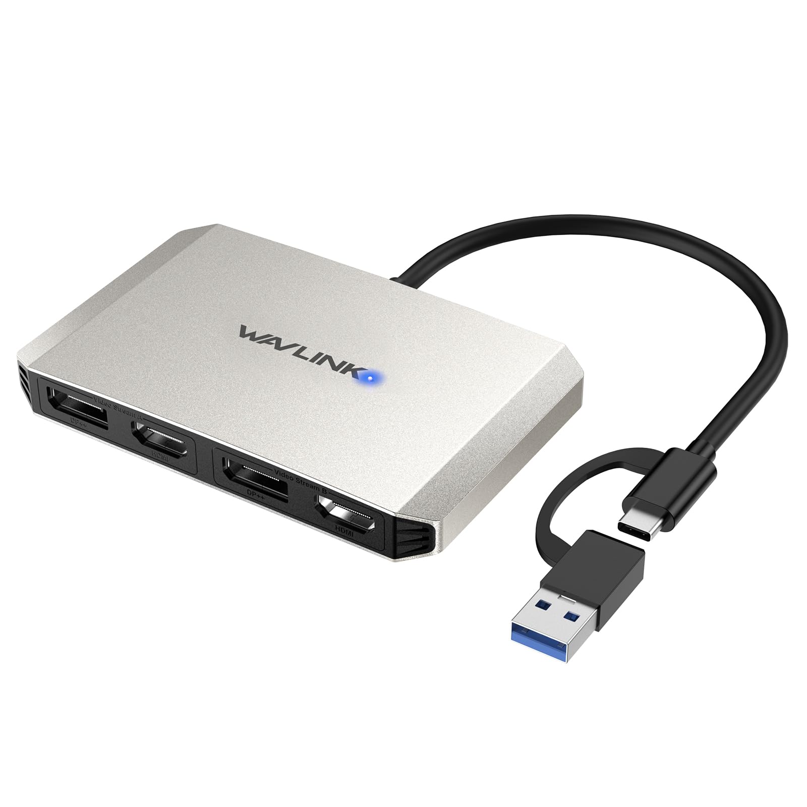 WAVLINK USB C and USB 3.0 to Dual 4K DisplayPort/HDMI Adapter, Displaylink Monitor Splitter Extended Display for Dual Monitor 4K@60Hz, HDMI/DP Splitter Compatible with Mac M1-M4,Window Laptop-Silver