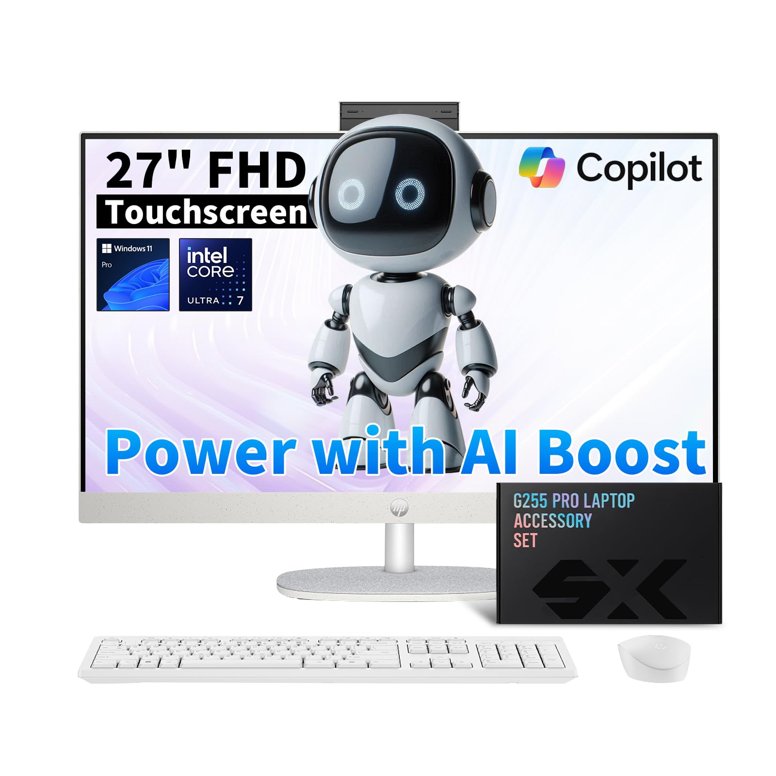 HP 27" All-in-One Desktop Computer | FHD Touchscreen | Intel Ultra 7‑155U | AI‑Enhanced Display, Facial Login | Privacy Pop‑Up Camera | Win 11 Pro, w/Accessories | 64GB DDR5 + 2TB SSD