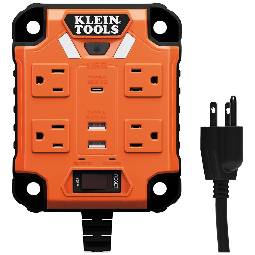 Klein Tools 29601 Magnetic Power Strip with Surge Protector, Extension Cord, 4 Outlets, 3 USB Ports, 5-Foot Cord, Power Supply Box with Light, PowerBox 1, Heavy Duty