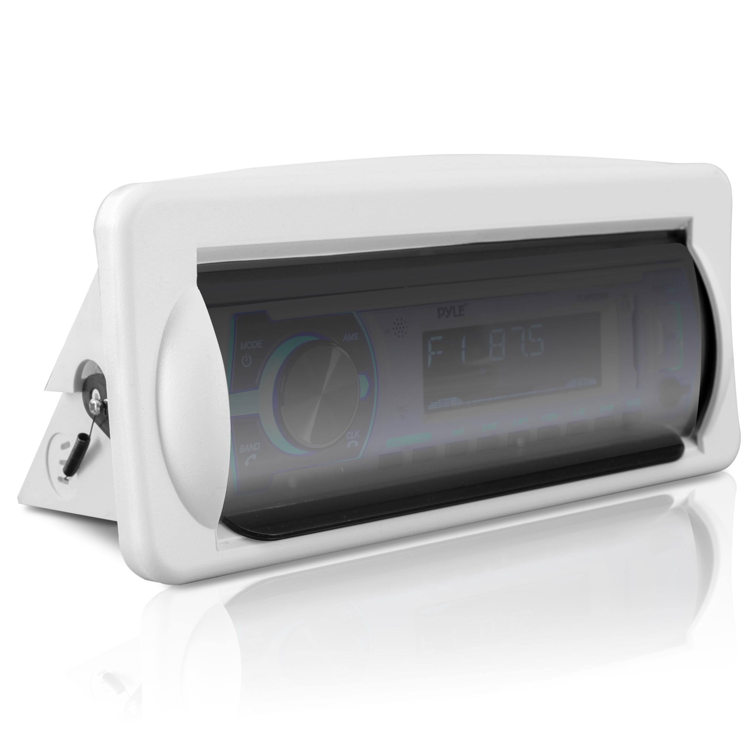 Water Resistant Marine Stereo Cover - Smoke Colored Heavy Duty Boat Radio Protector Shield with Flip-up Door & Spring Loaded Release - Mounting Gasket Included - Pyle PLMRCW2,White